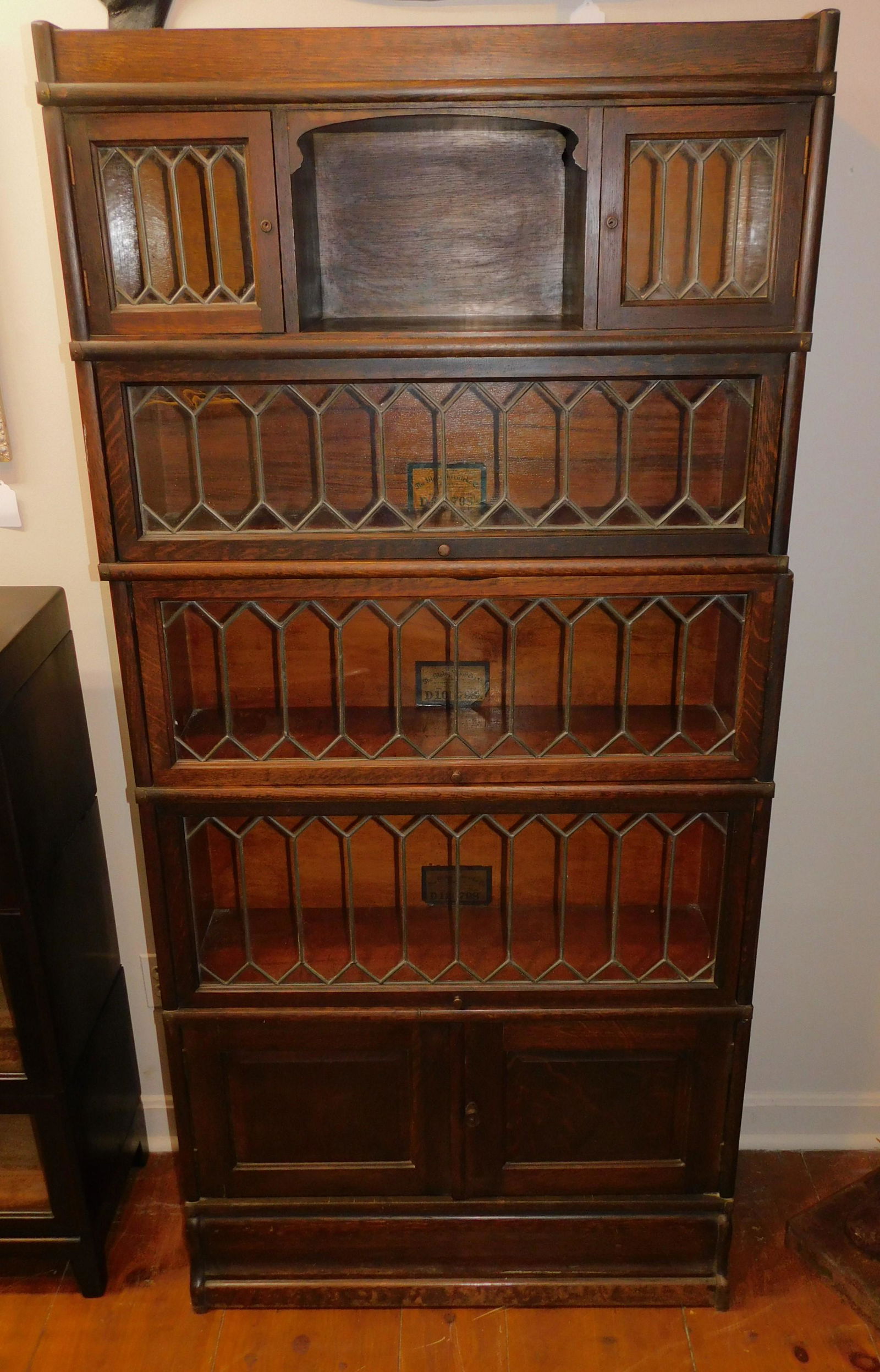 ANTIQUE OAK LEADED GLASS STACK BOOKCASE (1 of 3)