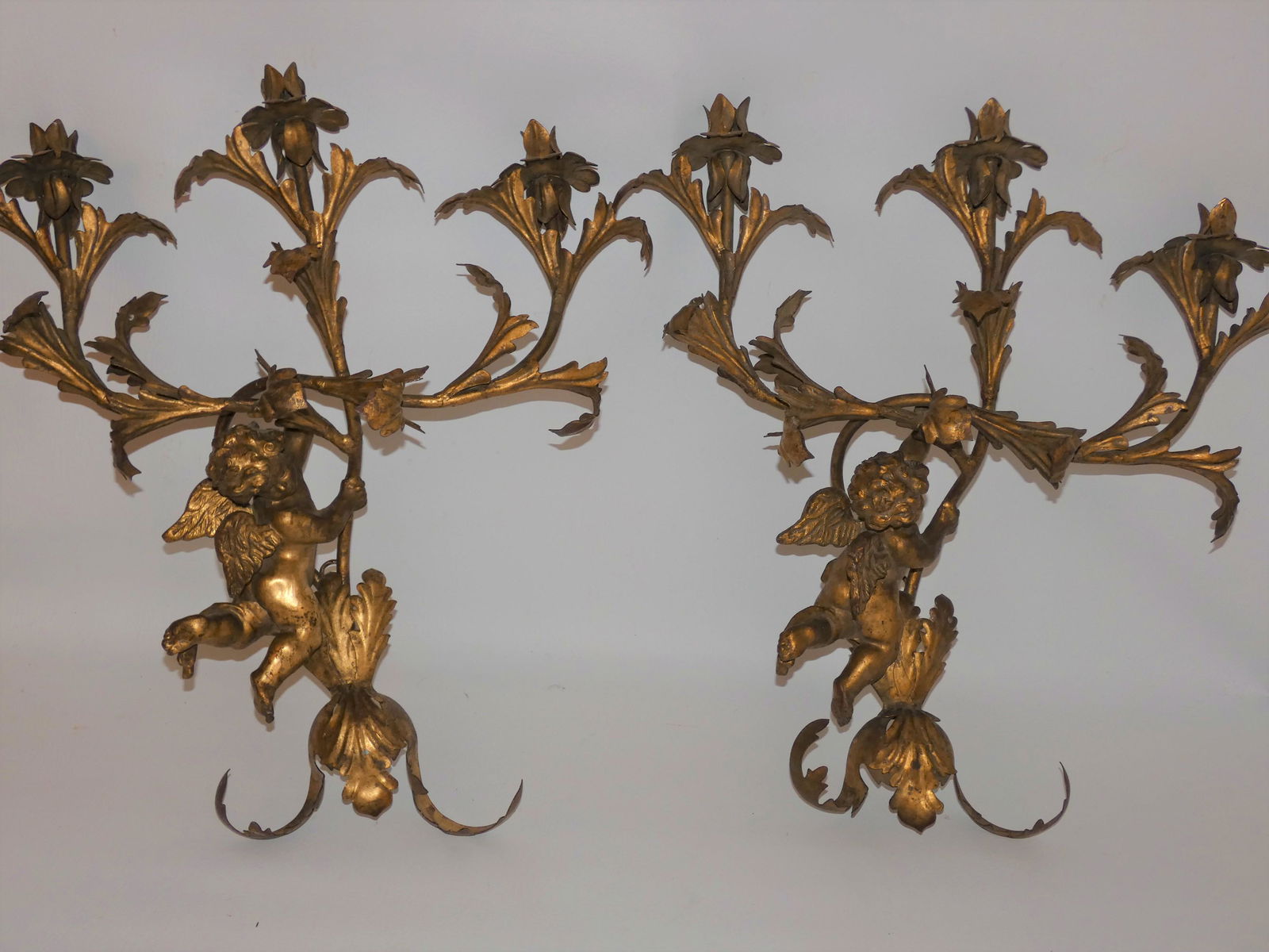 PAIR GILT METAL CHERUB SCONCES (1 of 4)