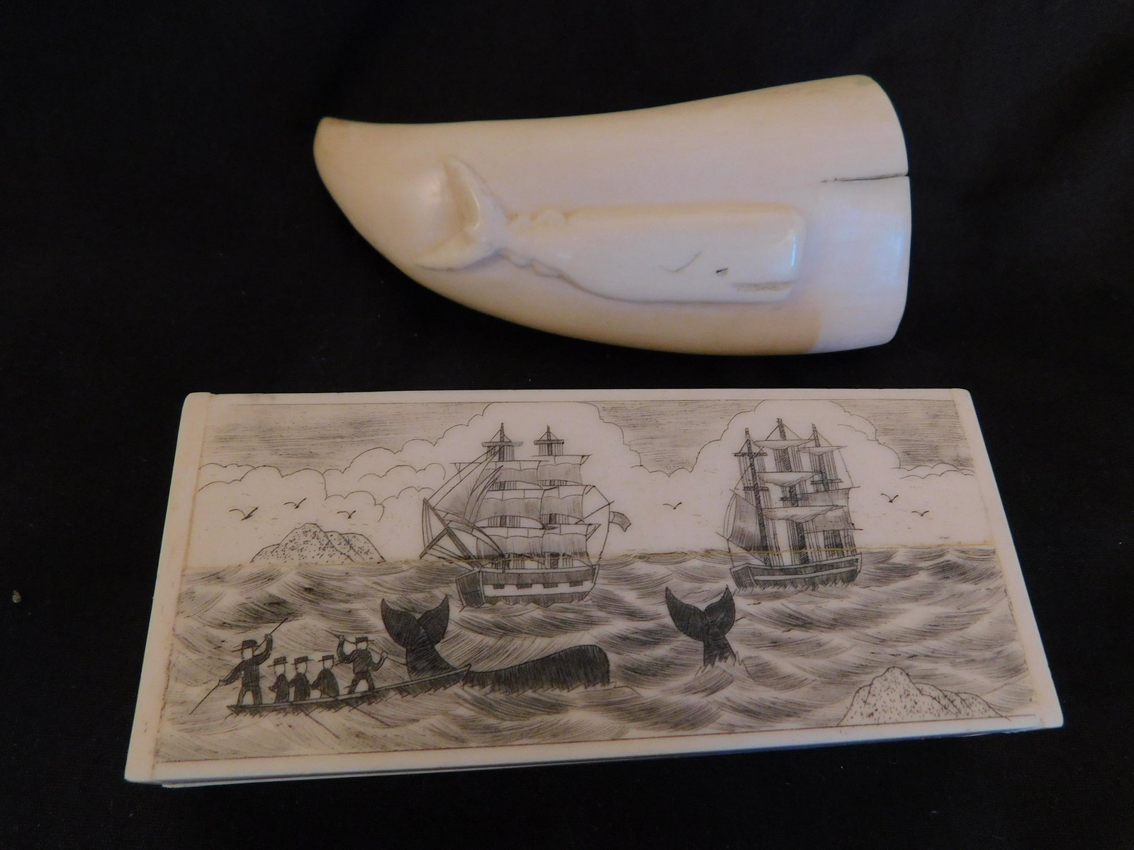 2 WHALE BONE ITEMS: Includes a small 3.5 inch whale tooth with carved whales and a 4 inch box with whale scenes.