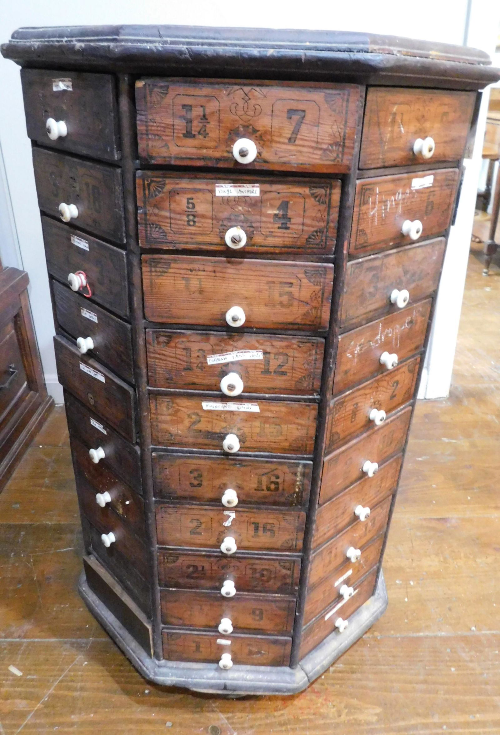 ANTIQUE MULT-DRAWER OCTAGONAL HARDWARE CABINET (1 of 3)