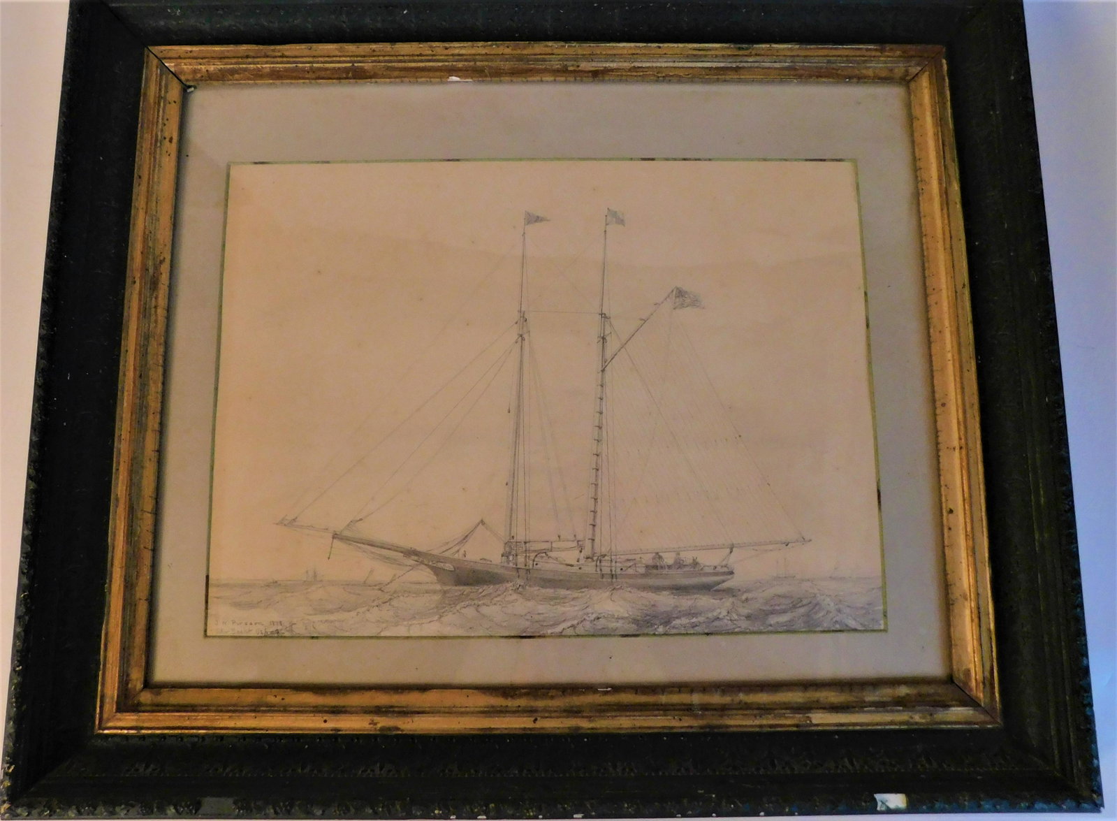 JW PIRSSON YACHT DRAWING: Pencil drawing of a yacht signed JW Pirsson 1878 and Schr Yacht Osprey. 12 x 16.5 inches, framed 20 x 24. (James Pirsson d. 1888 NY Marine artist)