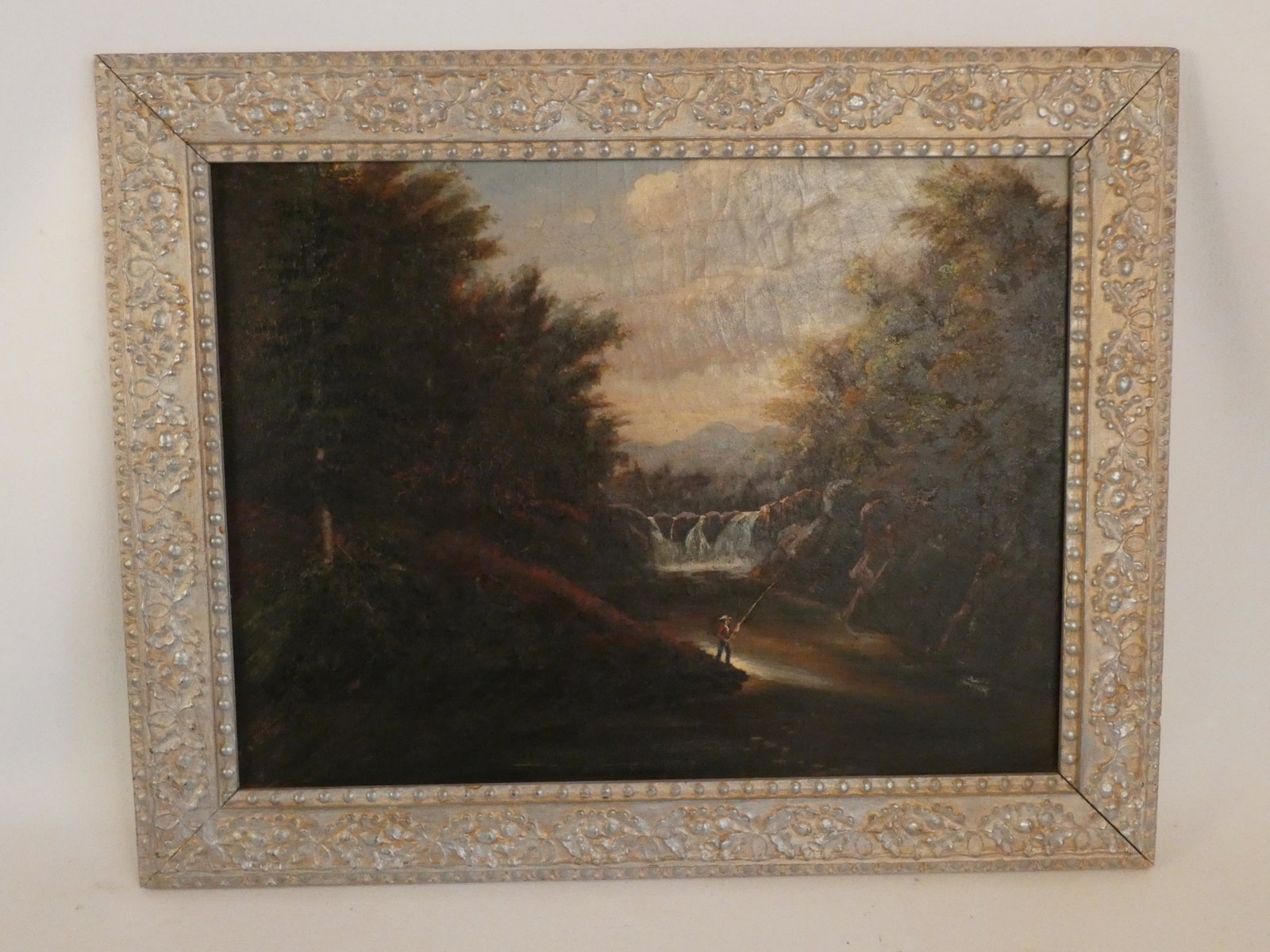 NORTH ESK FISHING PAINTING: 19th century British oil painting of man fishing near waterfall unsigned but identified on front NORTH ESK (River in Scotland). 18 x 24, framed 23 x 29 inches.