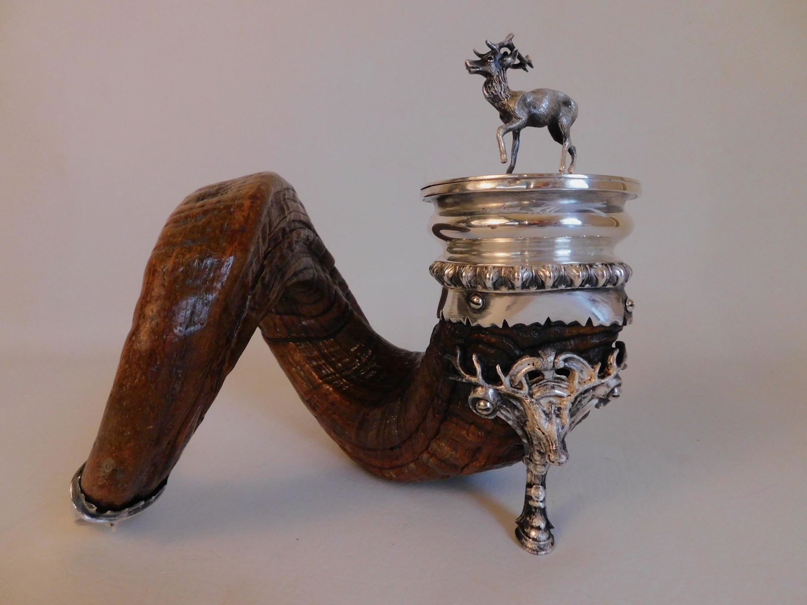 RAMS HORN INKWELL - SILVER ELK MOUNTS (1 of 6)