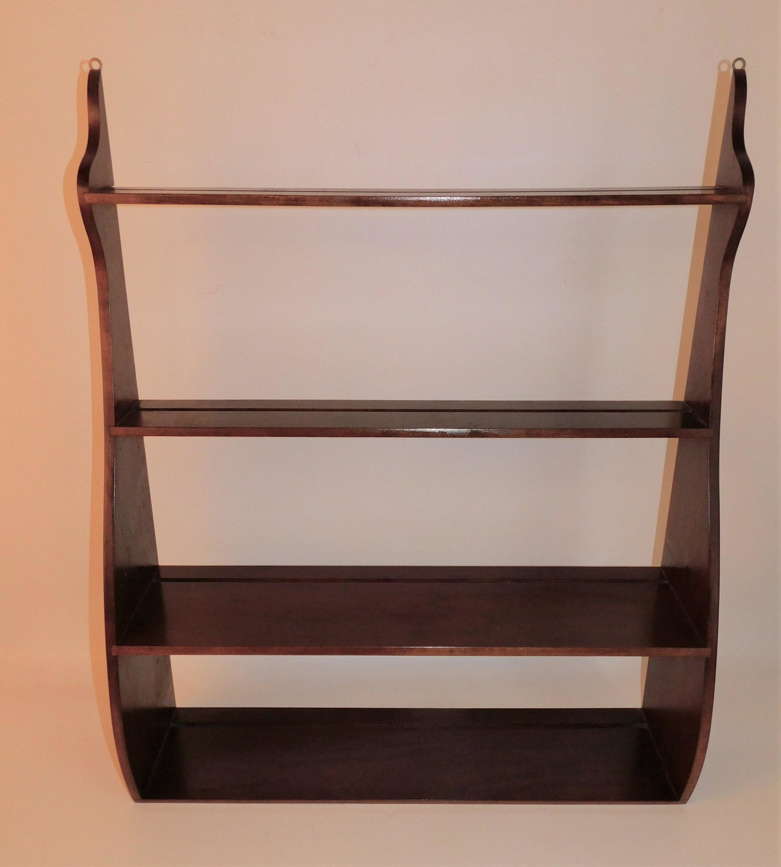 WHALE TAIL WALL SHELF: Old mahogany wall display shelf with whale tail sides. 29 h x 24 w x 7 deep.