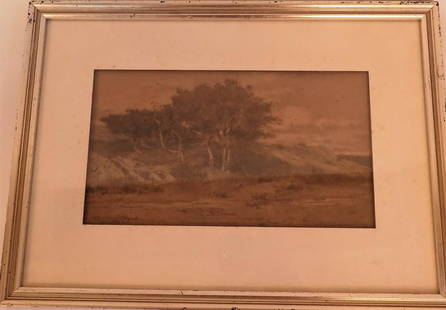 RS GIFFORD LANDSCAPE DRAWING: Charcoal and watercolor drawing en grisaille of a landscape signed RS Gifford 1877, titled verso NONQUITT (part of Darmouth, MA). 7 x 12 inches, framed 14 x 19. (Robert Swain Gifford 1840-1905 NY/MA