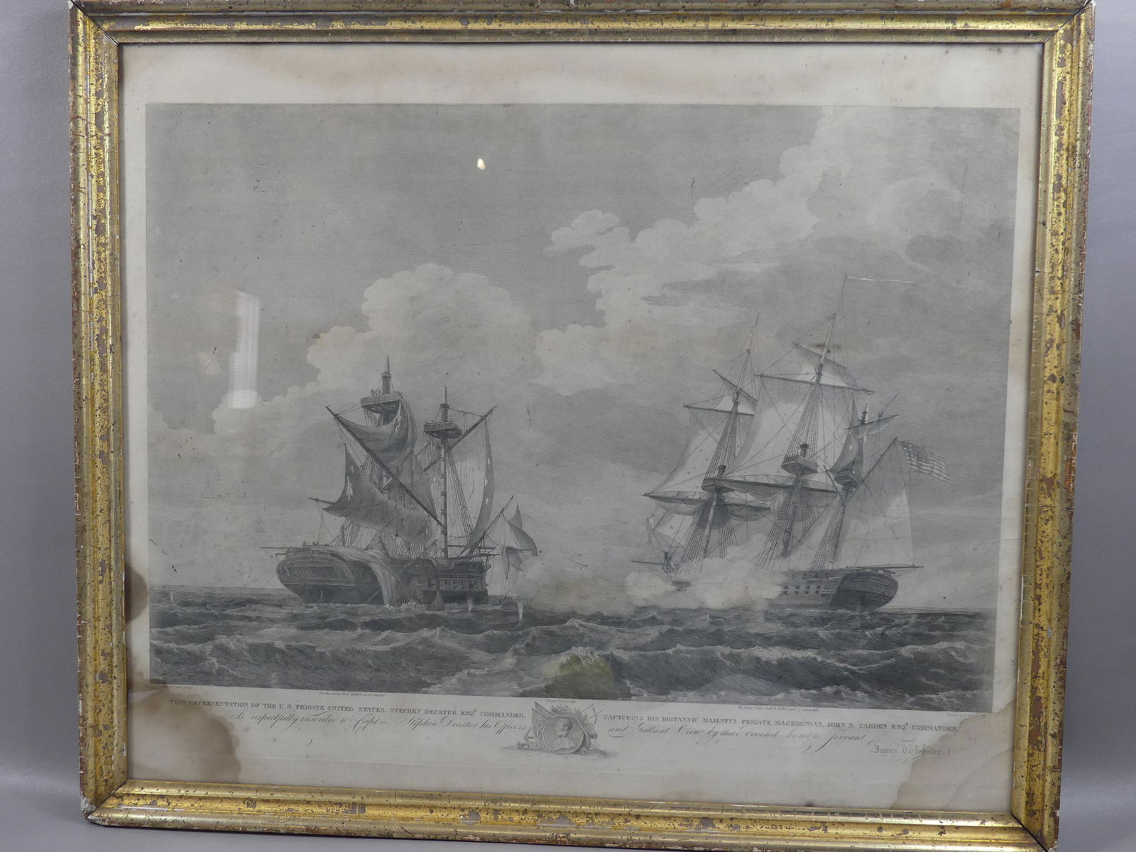 WAR OF 1812 NAVAL BATTLE ENGRAVING AFTER BIRCH: Original black and white engraving circa 1813 depicting CAPTURE OF THE FRIGATE MACEDONIAN BY US FRIGATE UNITED STATES after a painting by Thomas Birch, printed by S. Seymour, battle fought Oct. 25, 18