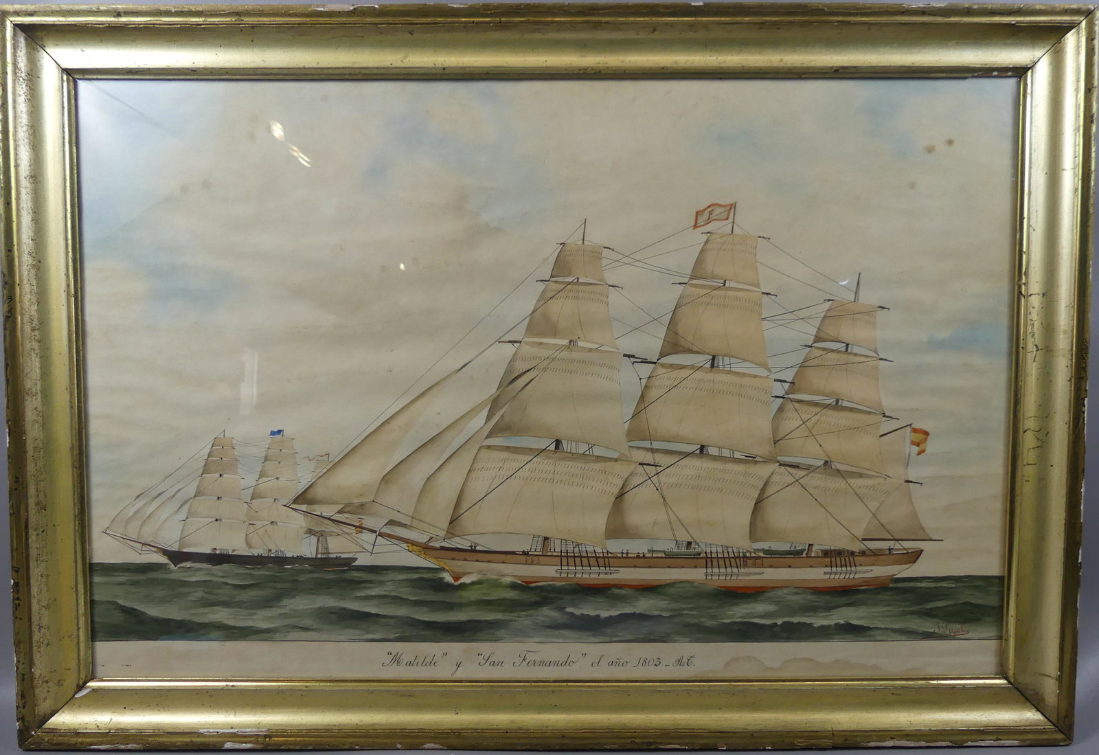F. PUJOL 1803 WATERCOLOR PAINTING SPANISH SHIPS: Antique watercolor painting of 2 Spanish ships titled MATILDE Y SAN FERNANDO EL ANO 1803-HE. Signed F. or T. Pujol. 21 x 32.5 inches, framed 26 x 37.5. Good condition overall.