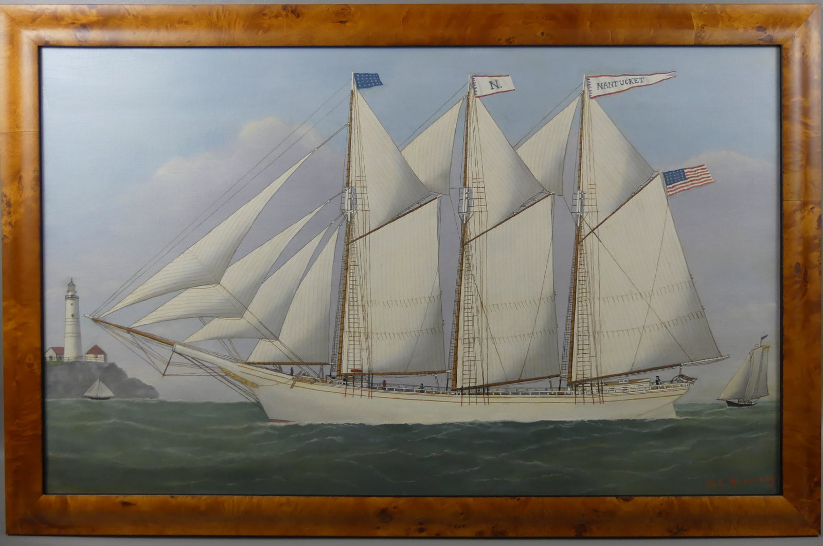 REGINALD NICKERSON NANTUCKET SHIP PORTRAIT: Large oil painting on canvas of ship portrait of the NANTUCKET near lighthouse signed RE Nickerson. 21.5 x 35.5 in, framed 26 x 39.5. (Reginald Eugene Nickerson 1915-1999 was a MA ship and marine pain