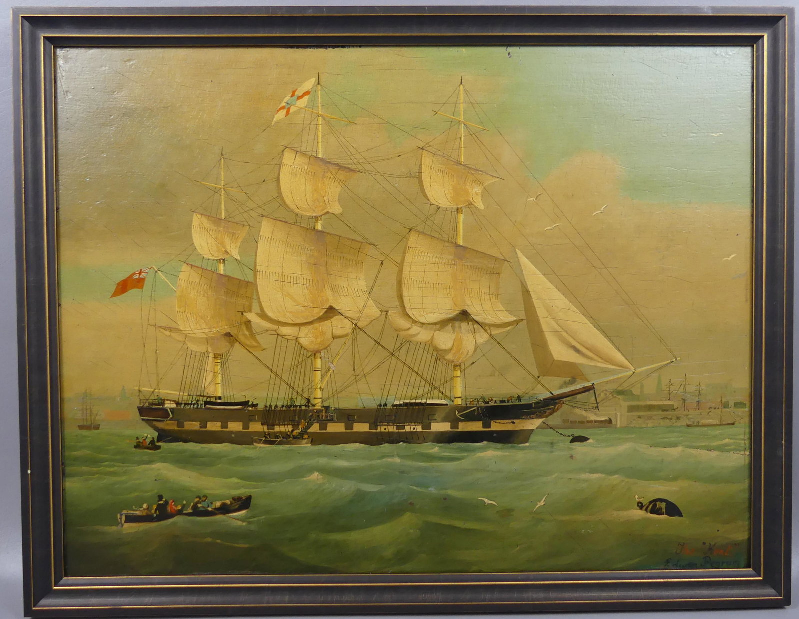 EDWIN PEGRUM BRITISH SHIP PAINTING: Antique oil painting on wood panel titled THE KENT with a large British ship, men debarking in rowboats etc. Signed Edwin Pegrum. 17.5 x 23 in, framed 19.5 x 25. (Edwin Pegrum was a 19th century Briti