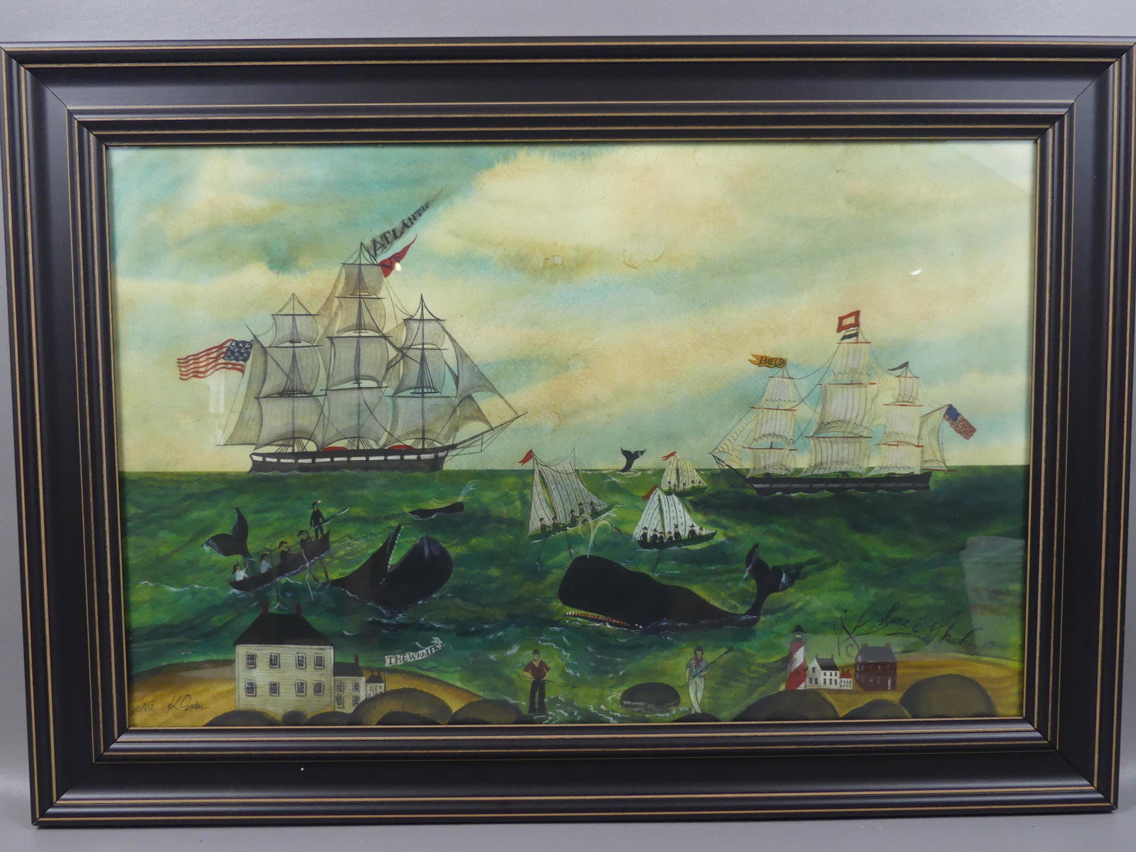 KOLENE SPICHER PAINTING OF WHALING & SHIPS: Watercolor painting of a whaling scene with several ships, whales, etc. Signed Kolene E. Spicher. 15 x 23.5 in, framed 20 x 28.5. (Kolene Spicher is a contemporary artist working out of Nantucket. Her