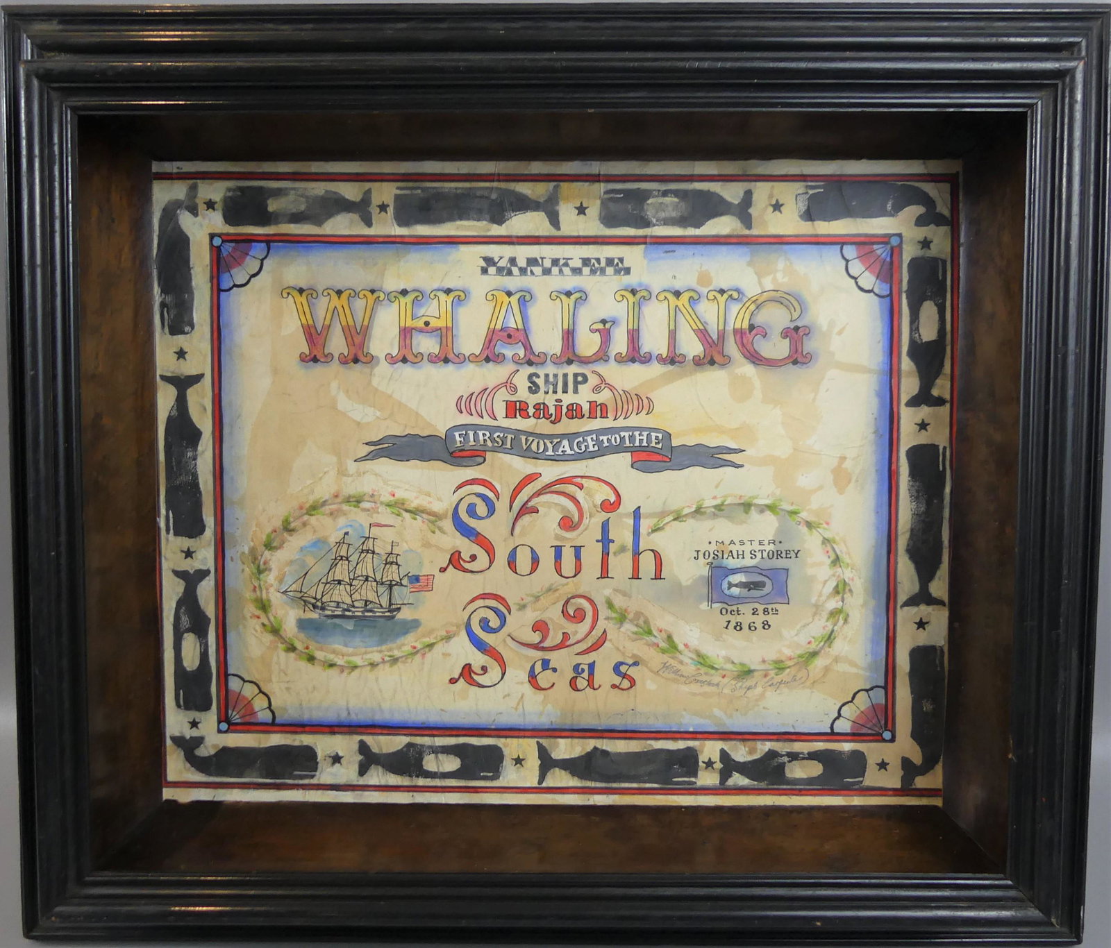 COMSTOCK WHALING BROADSIDE 1868 SHIP RAJAN: Framed watercolor painting on paper signed William Comstock (ship's carpenter) YANKEE WHALING SHIP 'RAJAN' 1ST VOYAGE TO SOUTH SEAS, MASTER JOSIAH STOREY OCT. 28, 1868. Back label says this piece was 
