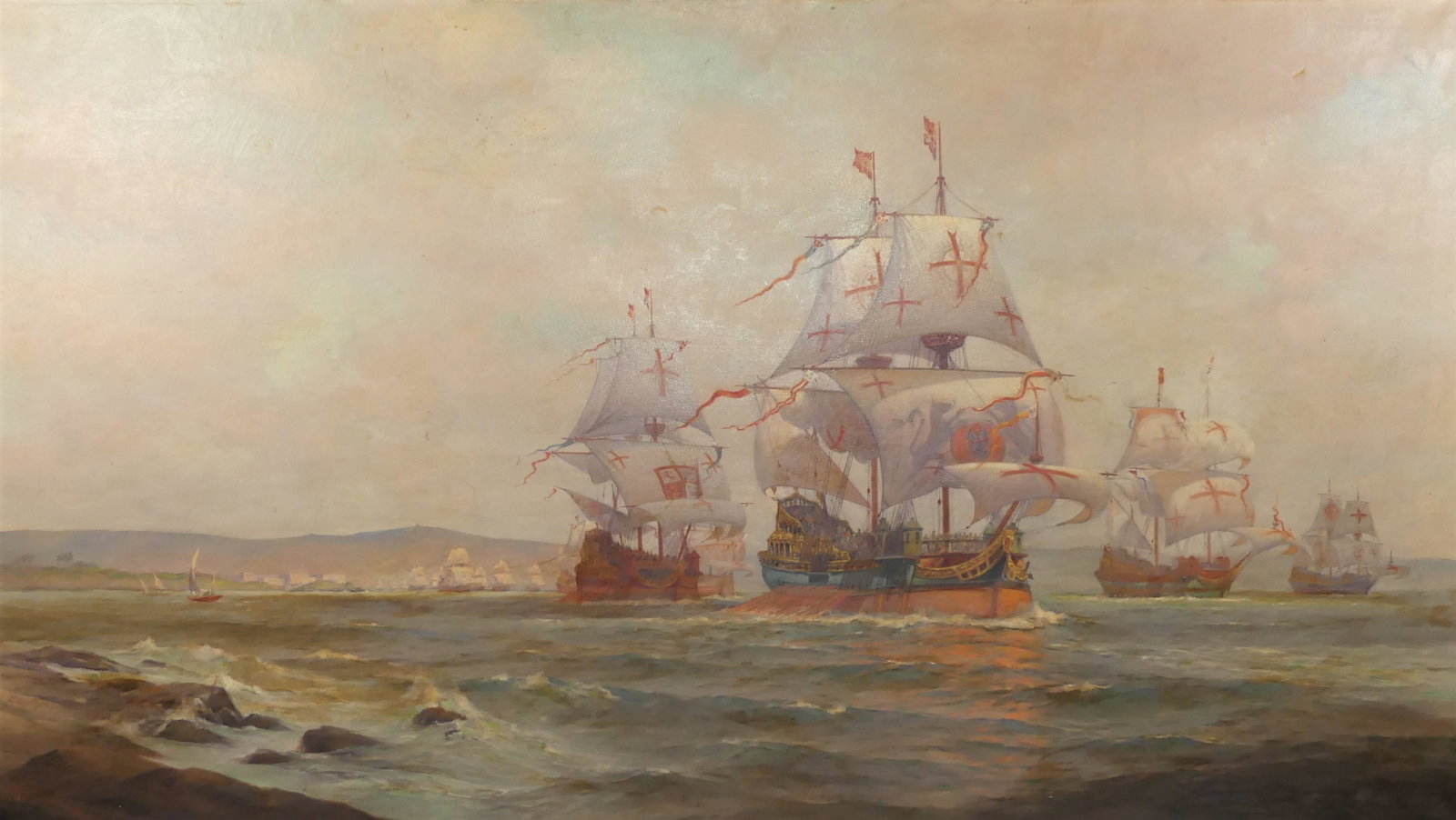 WARREN SHEPPARD PAINTING OF LOST FLEET OF KNIGHTS TEMPLAR: Large panoramic oil seascape painting with several Spanish ships near a port, known as the Lost Fleet of the Knights Templar. Signed Warren Sheppard with date? In lower righ. Oil on canvas 36 x 64 inc