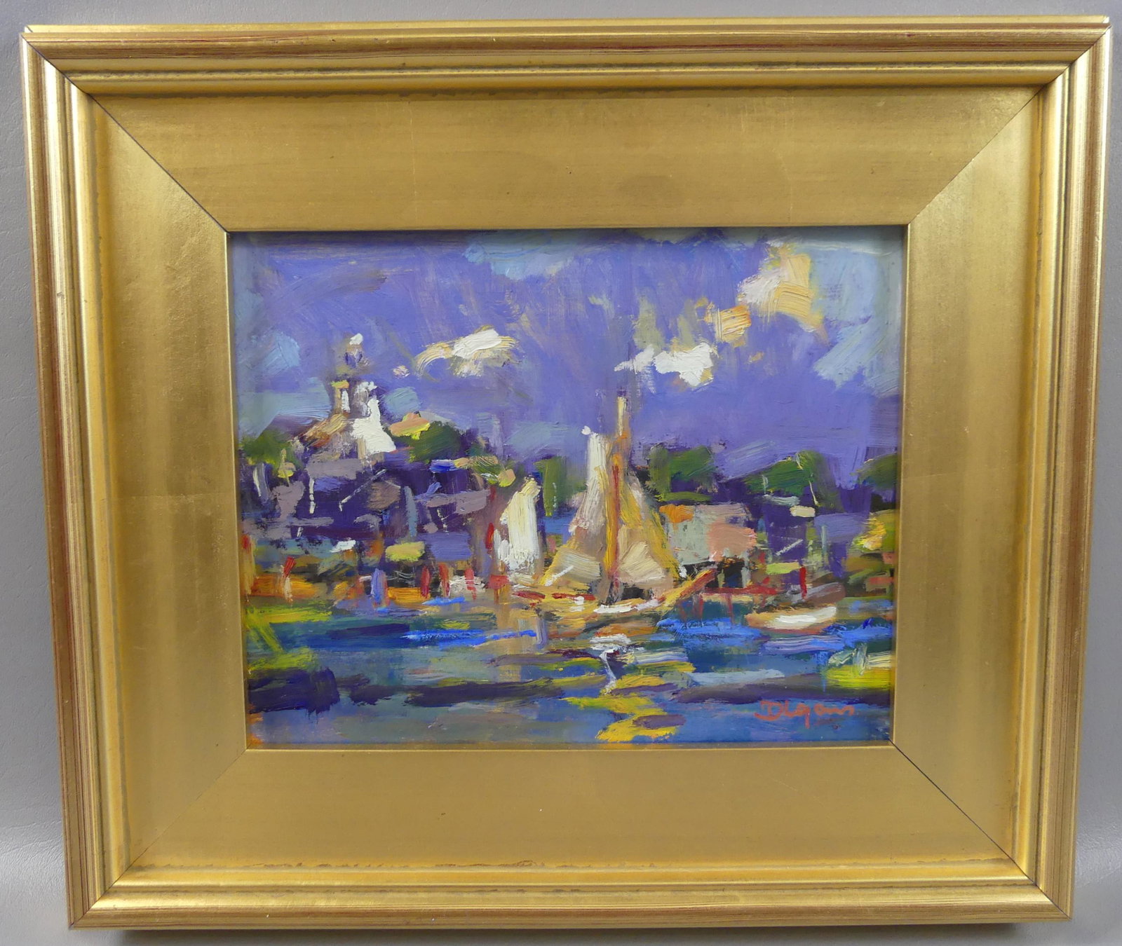DAVID LAZARUS PAINTING NANTUCKET HARBOR: Impressionist oil painting on board of a seascape signed D. Lazarus and titled verso NANTUCKET HARBOR. 8 X 10 in, framed 13 x 15. (David Lazarus b. 1952 is a well known Nantucket artist)