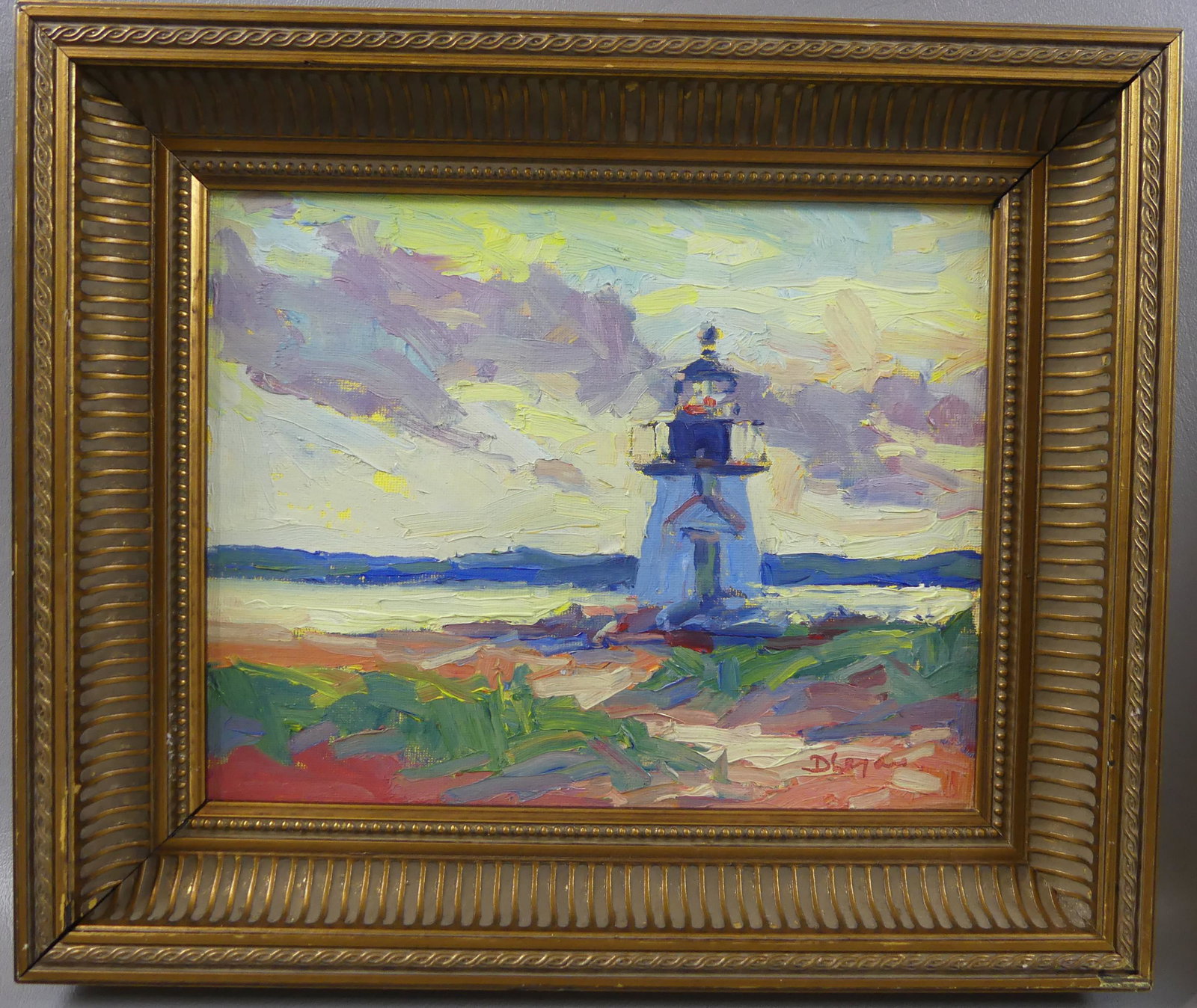DAVID LAZARUS PAINTING OF LIGHTHOUSE: Impressionist oil painting on board of Nantucket Harbor titled BRANT POINT LIGHTHOUSE. 8 x 10 in, framed 11.5 x 13.5. (David Lazarus b. 1952 is a well known Nantucket artist)
