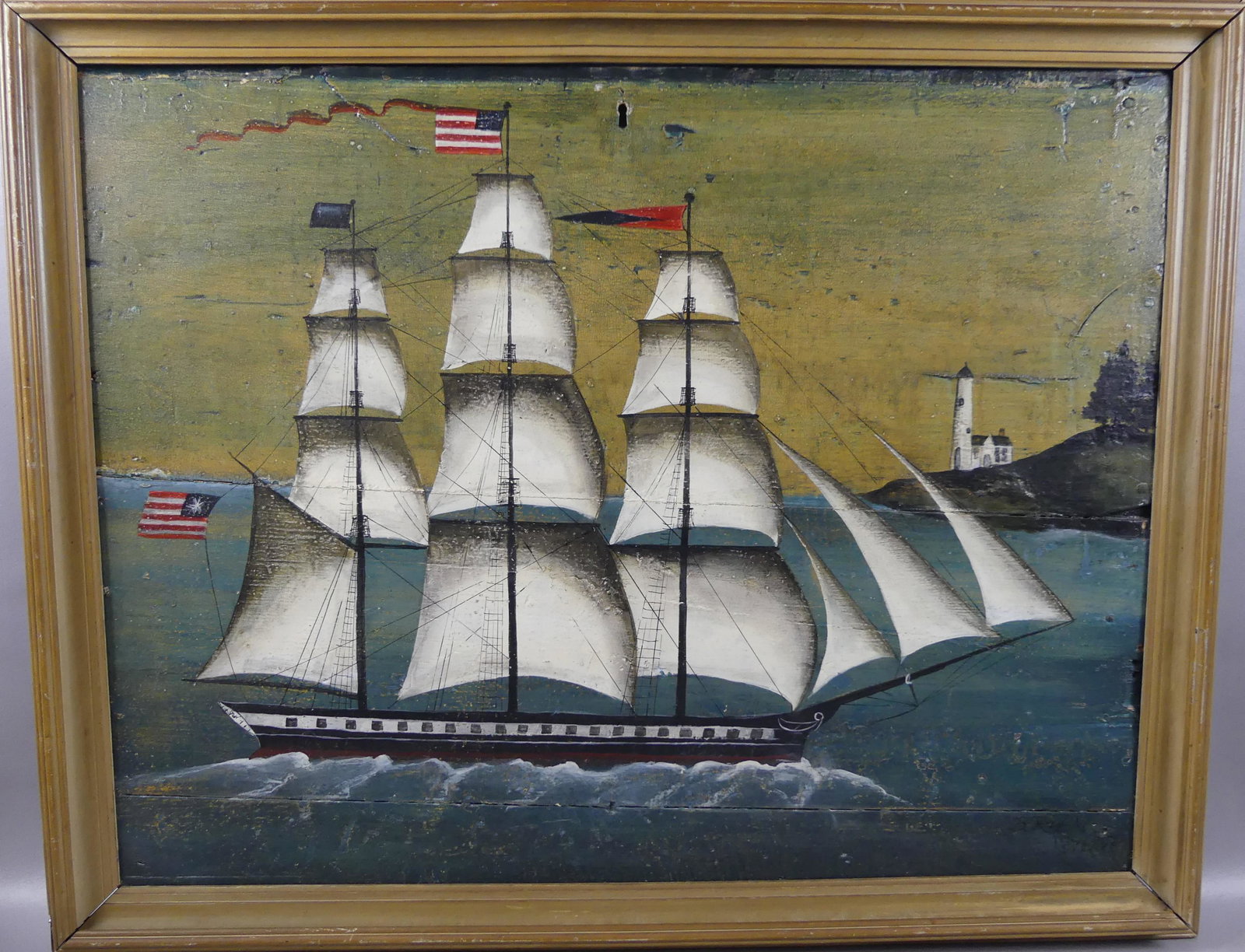 CLIPPER SHIP PAINTING SIGNED BORDEN 1997: Old folk art oil painting on wooden door panel depicting an American clipper ship flying flags. Signed Borden 1997 in lower right. 25 x 32 inches, framed 29 x 36.