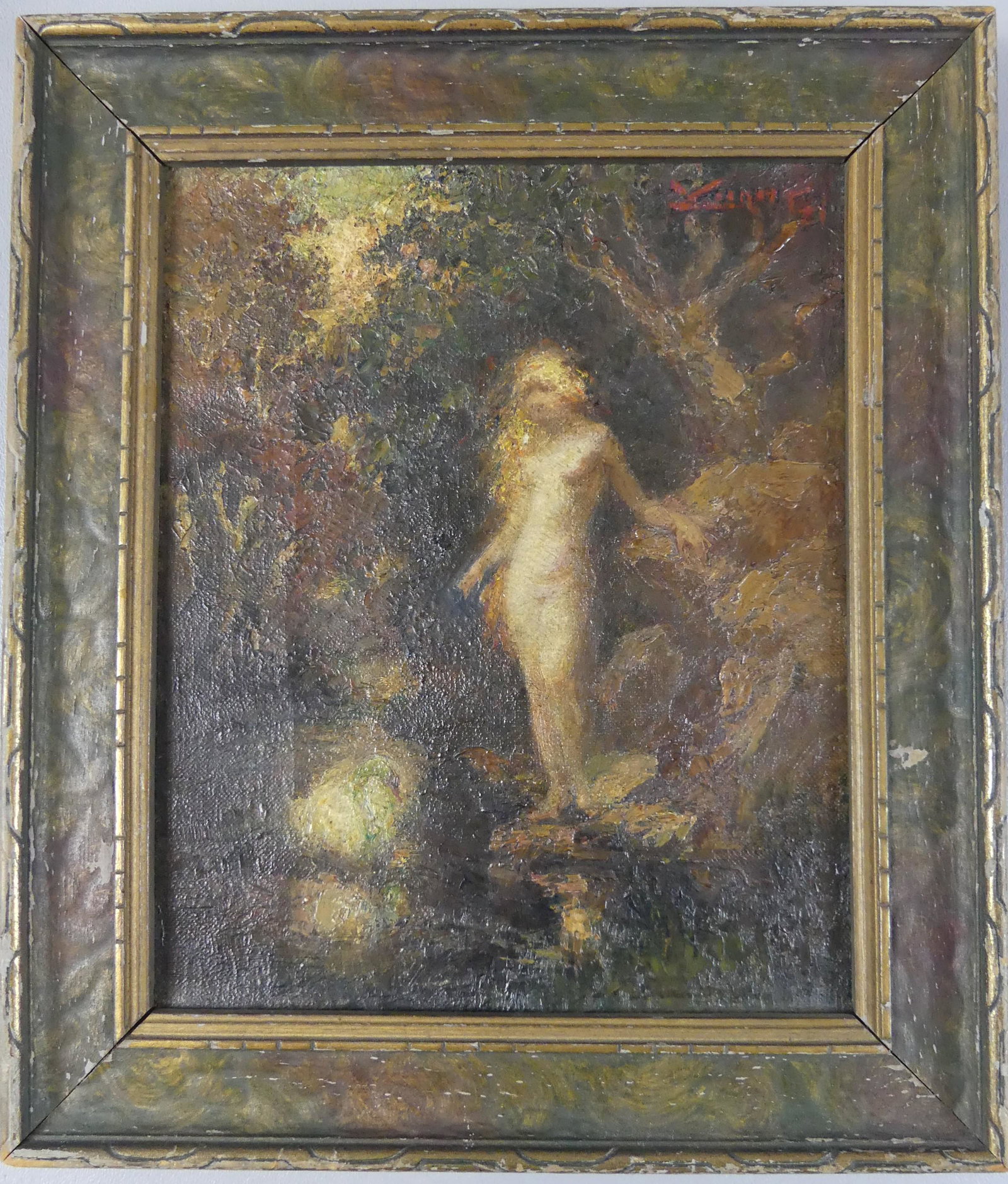 SIGNED PAINTING OF NUDE BY POND: Antique impressionist oil painting on board depicting a nude woman dipping into a pond. Signed indistinctly in upper right. 10 x 8 inches, 12.5 x 11.
