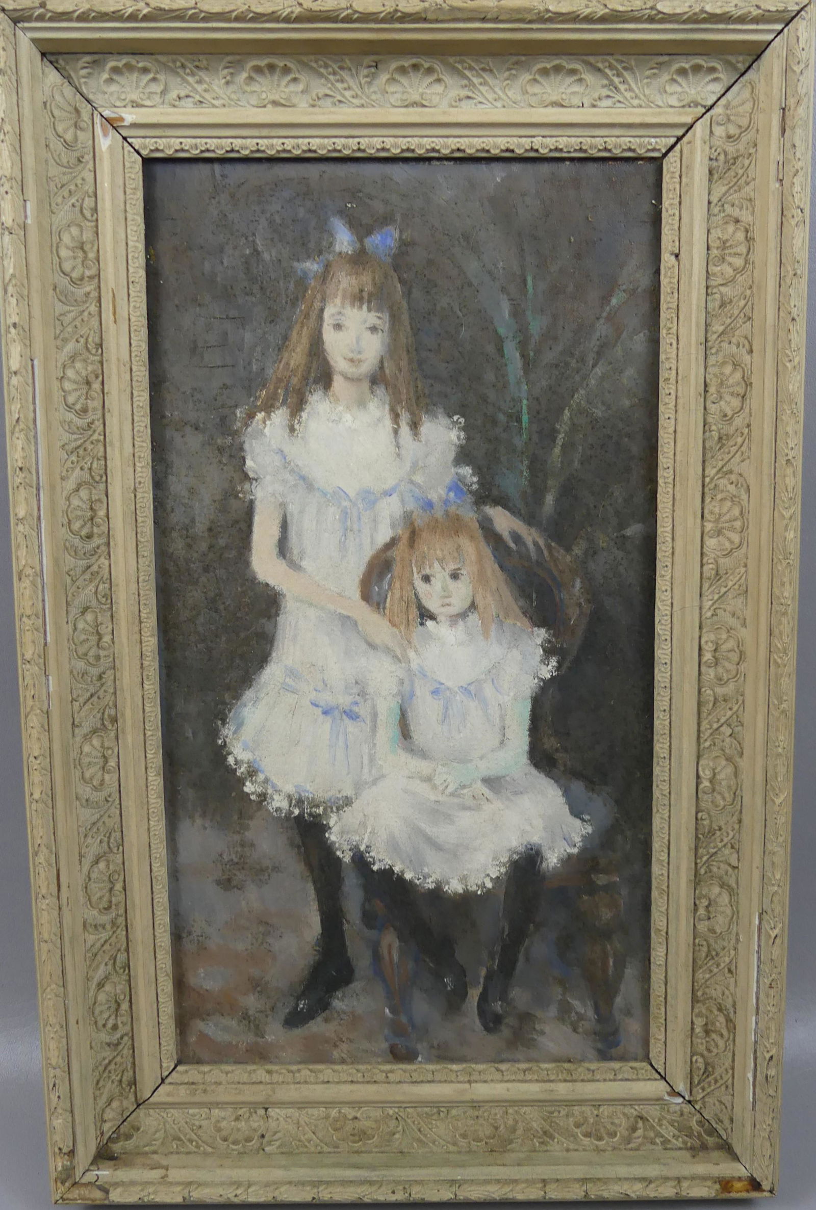 DOUBLE PORTRAIT PAINTING OF 2 GIRLS: 20th century oil on masonite painting of 2 girls in white dresses, unsigned, 17.5 x 10 inches, framed 22.5 x 15.