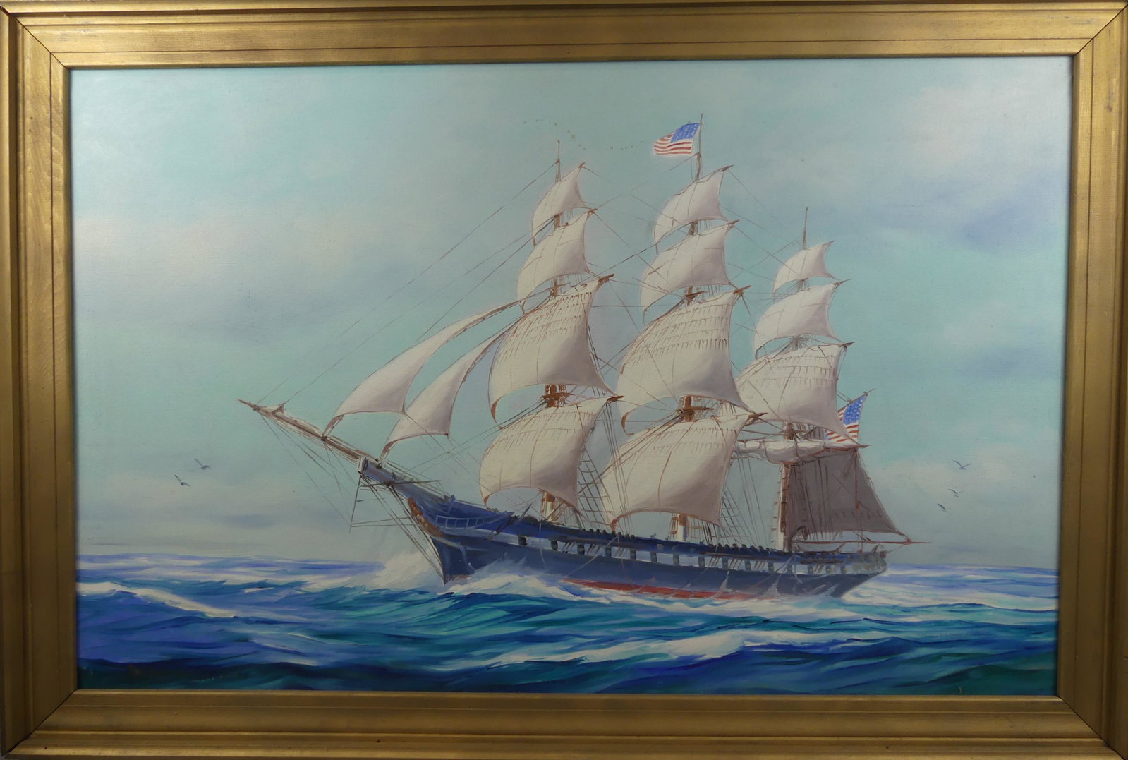 SYLVA FERNANDES LARGE AMERICAN SHIP PAINTING: Large oil painting of an American clipper ship flying 2 flags signed H. Sylva Fernandes. 30 x 46, framed 35 x 51 inches. This painting will be oversized when packaged so pickup is suggested. (20th C. 