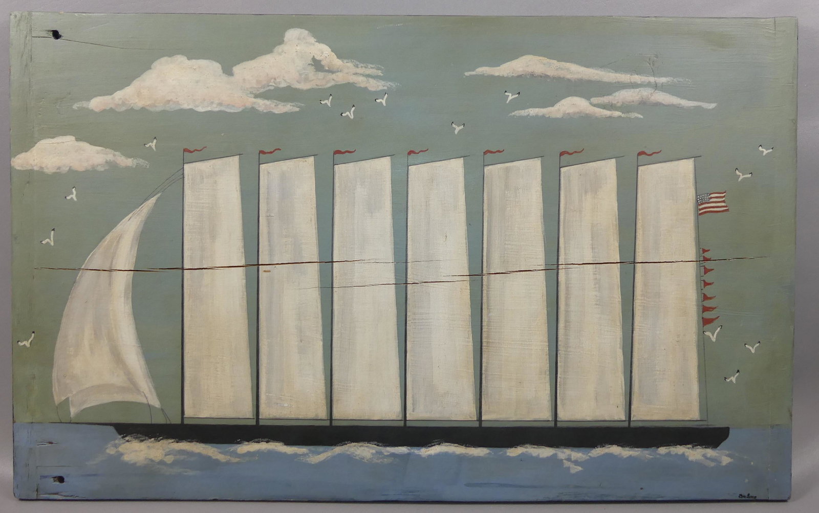 FOLK ART SHIP PAINTING ON WOOD: Modern folk art oil painting on wood panel of a 7 masted ship signed Sobee? 19.5 x 31.5 inches.