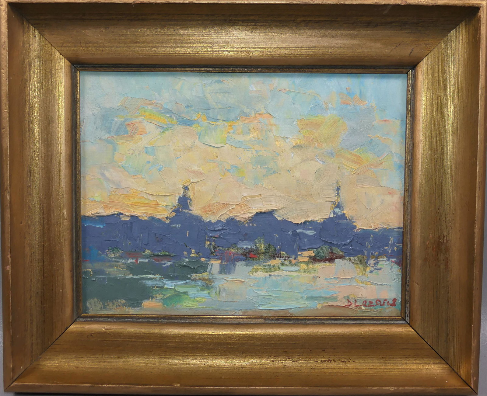 DAVID LAZARUS NANTUCKET CREEKS PAINTING: Contemporary impressionistic oil painting on board of Nantucket signed D. Lazarus and titled verso CREEKS LOOKING TOWARD TOWN. 8 x 10 inches, framed 11.5 x 13.5 inches. (David Lazarus b. 1952 is a wel
