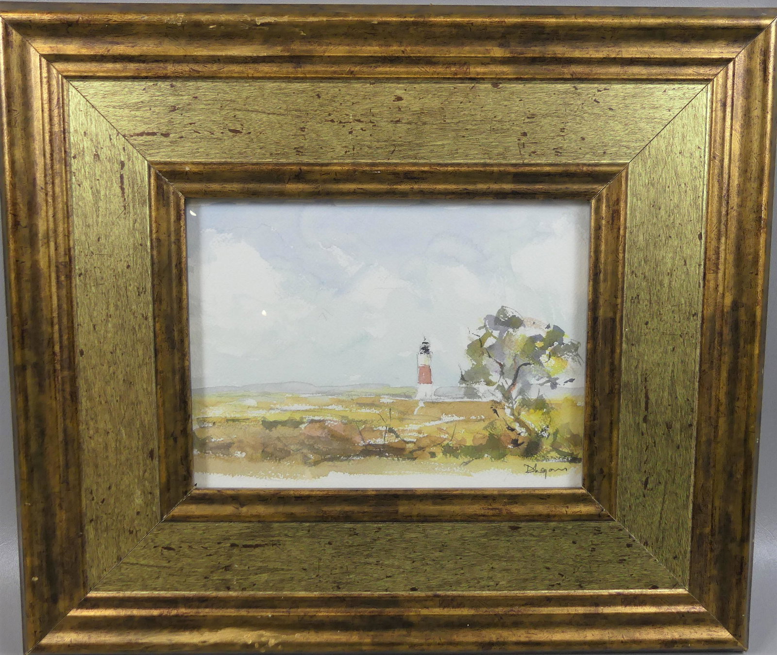 DAVID LAZARUS SANKATY LIGHTHOUSE PAINTING: Contemporary impressionistic watercolor painting signed D. Lazurus titled verso SANKATY LIGHTHOUSE, NANTUCKET. 7 X 9.5 inches, framed 16 x 18.5. (David Lazarus b. 1952 is a well known Nantucket artist