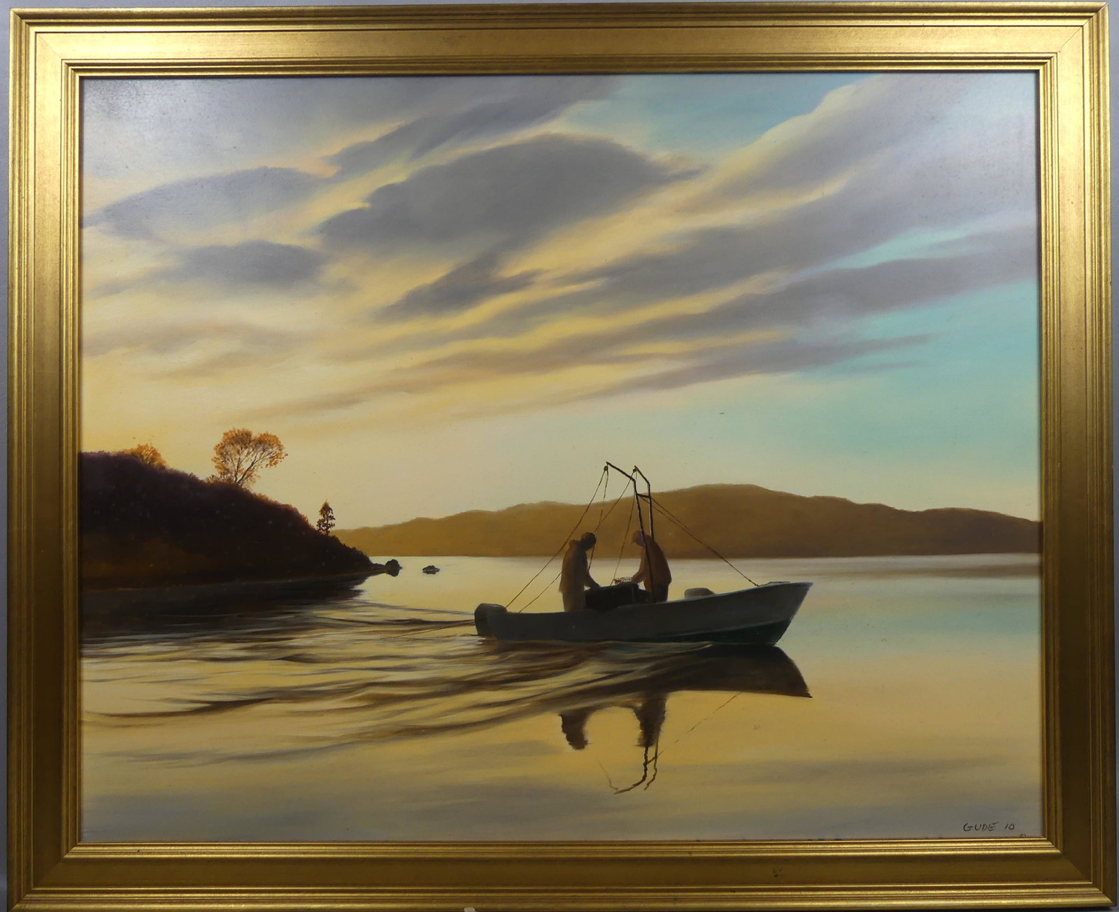 ANTHONY BENTON GUDE PAINTING - FISHERMEN: Oil painting on masonite of a luminist seascape with 2 men in a fishing boat, signed GUDE '10. Size: 24 x 30, framed 28 x 34 inches. (Anthony Benton Gude is a Kansas and Missouri regionalist painter b