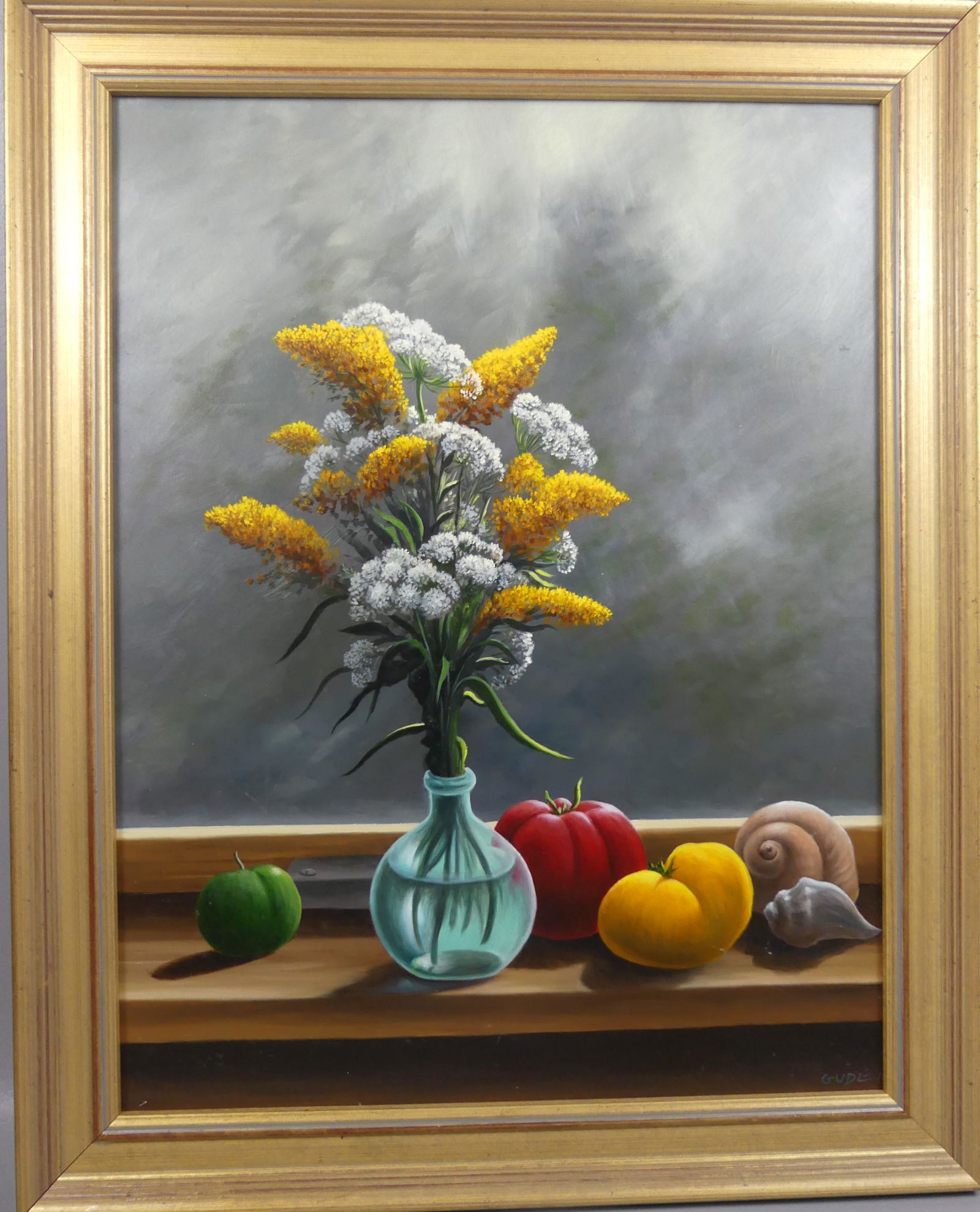 ANTHONY BENTON GUDE PAINTING - STILL LIFE: Oil painting on masonite of a still life signed GUDE '1? with vase of Goldenrod & Queen Ann Lace flowers. Table has colorful tomatoes and seashells. 24 x 18 inches, framed 28 x 22. (Anthony Benton Gud