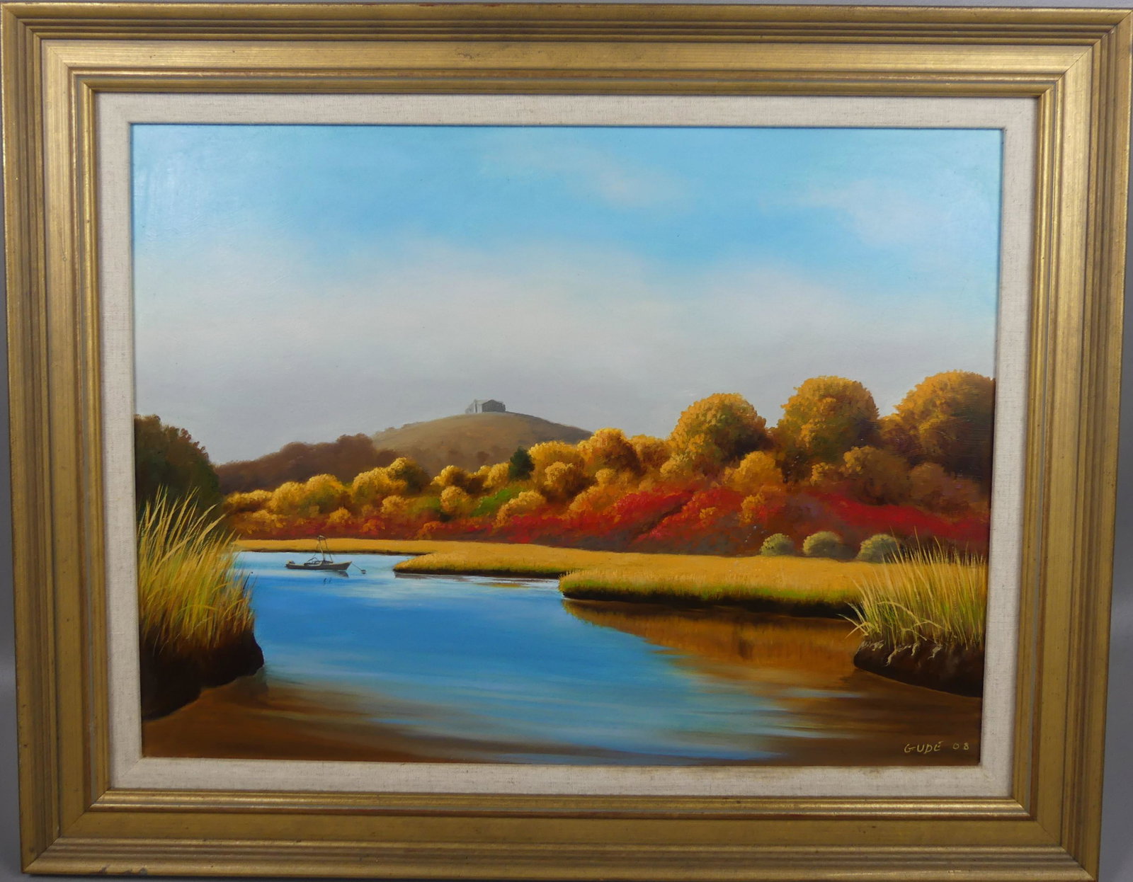 ANTHONY BENTON GUDE PAINTING - BOAT: Oil paintng on masonite of an autumn landscape with fishing boat in a marsh signed GUDE '08. Size: 18 x 24 inches, framed 23.5 x 29.5. (Anthony Benton Gude is a Kansas and Missouri regionalist painter