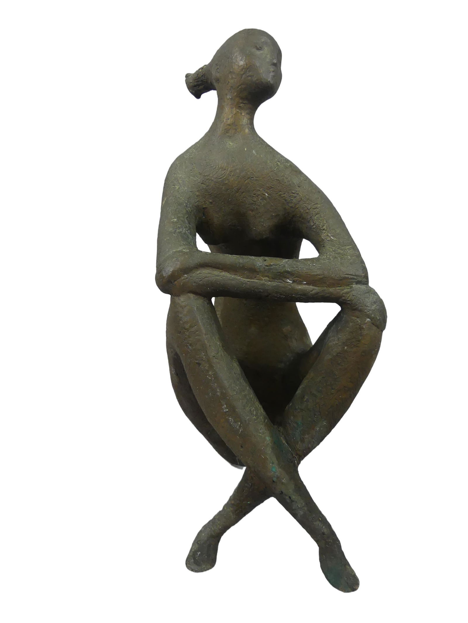 GHANI BRONZE MODERNIST SCULPTURE: 20th century modernist bronze sculpture of a seated woman with arms on her knees signed GHANI. 14.5 tall x 8 in wide. VG condition. From the Aiko Hydeman estate on Martha's Vineyard. (Mohammed Ghani H