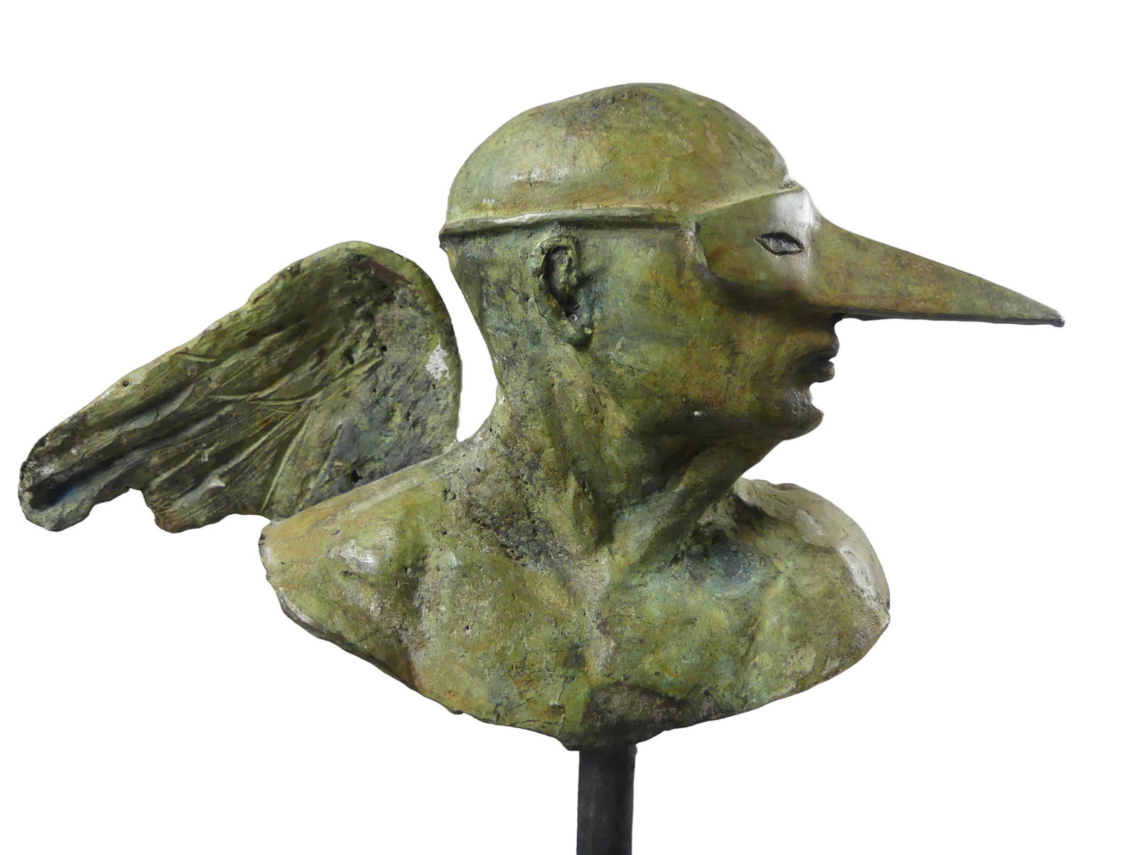 JORGE MARIN BRONZE SCULPTURE BIRDMAN: 20th century verdigris bronze sculpture of a man or angel with Venetian type bird mask and wing signed Jorge Marin. 21 in tall on metal pole x 10 w and 6 in high. (Jorge Marin b. 1963 is an important