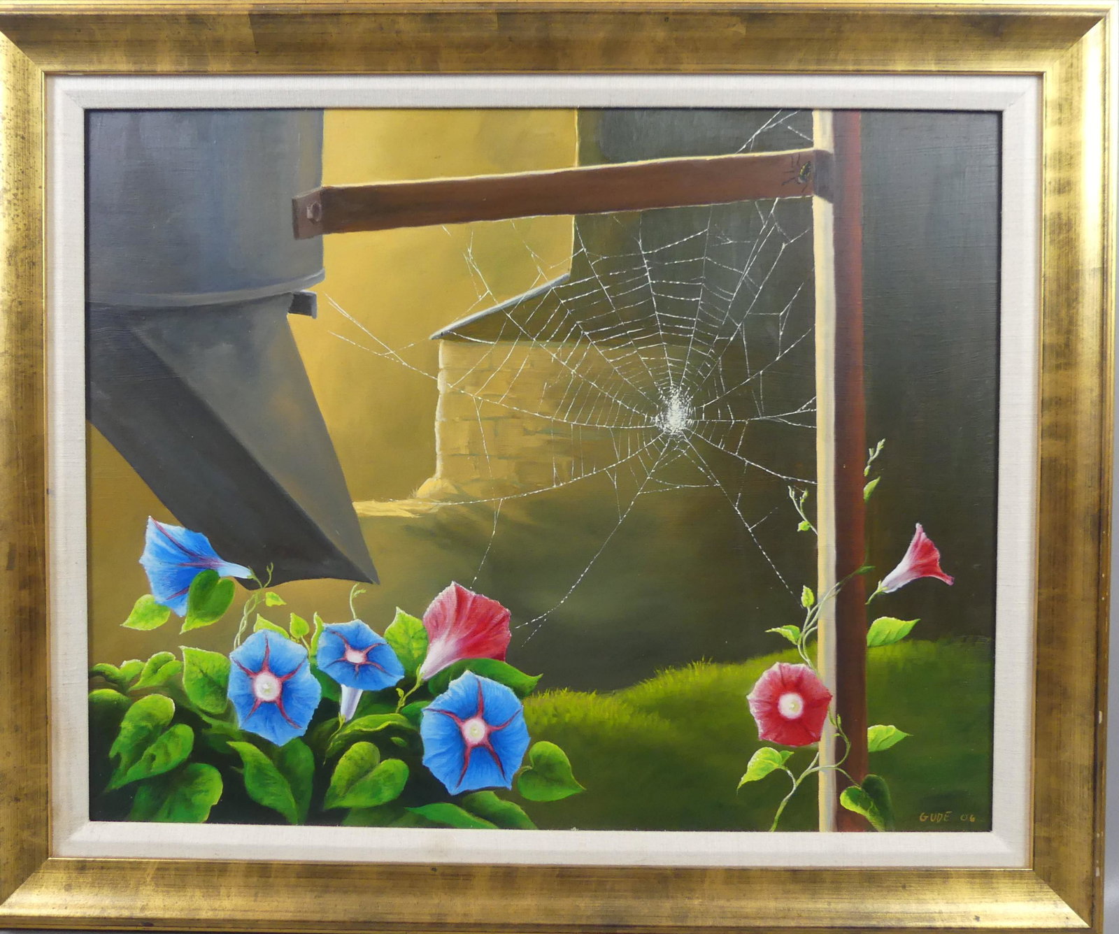 ANTHONY BENTON GUDE PAINTING - SPIDER WEB: Oil painting on masonite still life scene of a spider, spider web, grain chute, and Morning Glory flowers signed GUDE '06. Size: 19.5 x 24 inches, framed 23.5 x 28. (Anthony Benton Gude is a Kansas an