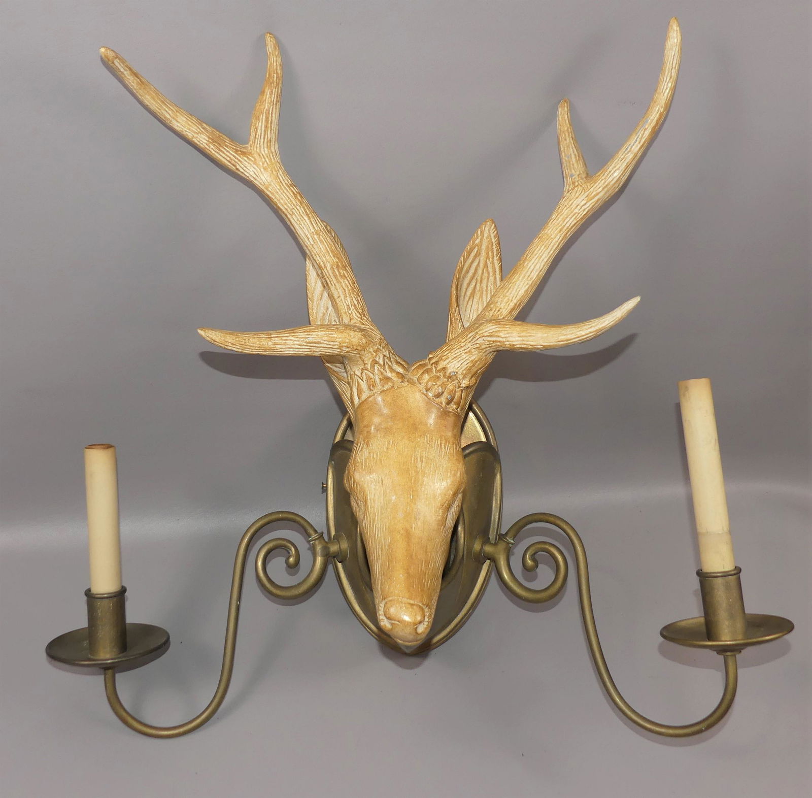 DEER MOUNT BRASS WALL SCONCE: Large and unusual, modern brass electric double wall sconce with large deer head rack, mount appears to be composition. 24 in wide by 22 high and 12 in deep.