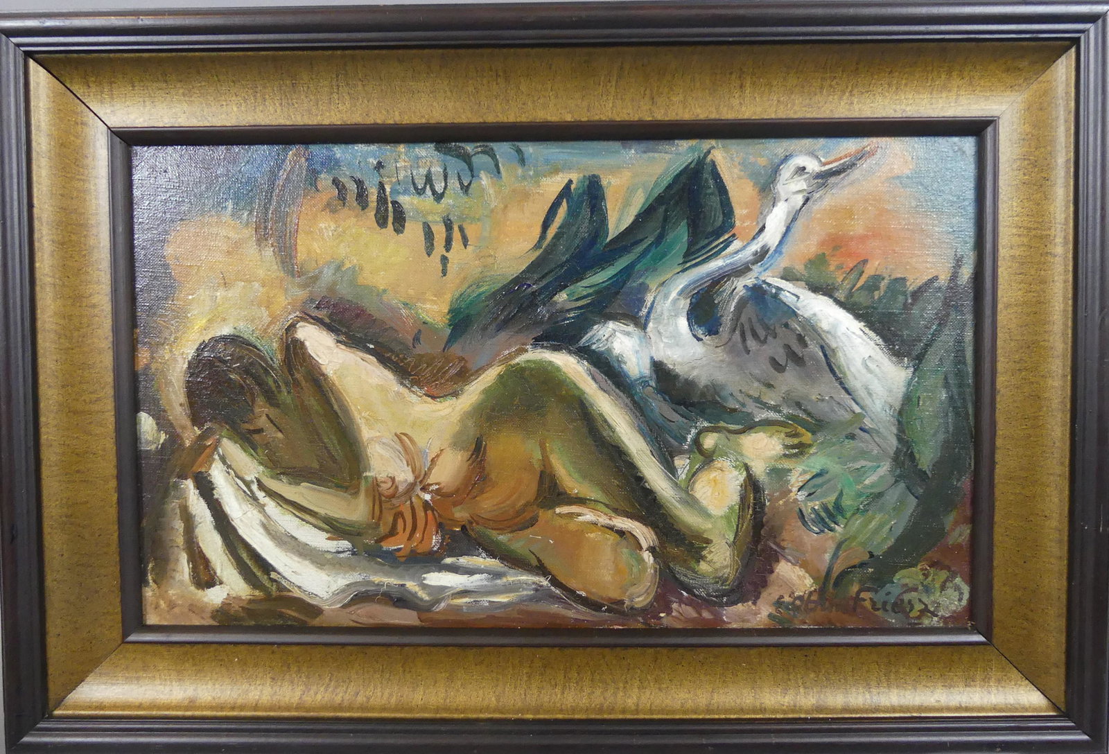 EMILE FRIESZ PAINTING LEDA & SWAN: Fauvist oil painting on canvas (relined) of a nude woman and bird (Leda & the Swan) signed E. Othon Friesz. 10.75 x 18.25 inches. Framed 15 x 23. (Achille-Emile Othon Friesz was a French artist known 