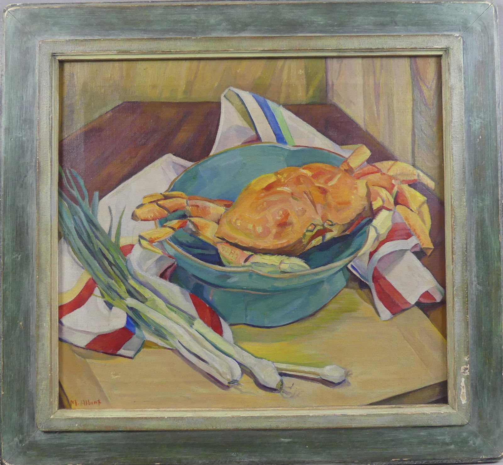 M. ALBERT STILL LIFE PAINTING: Oil painting on canvas of a still life with large crab in bowl and green onions signed M. Albert. Back has label from Chicao 44th Annual Art Exhibition in 1940. 18 x 20, framed 24 x 26 inches. (Madele
