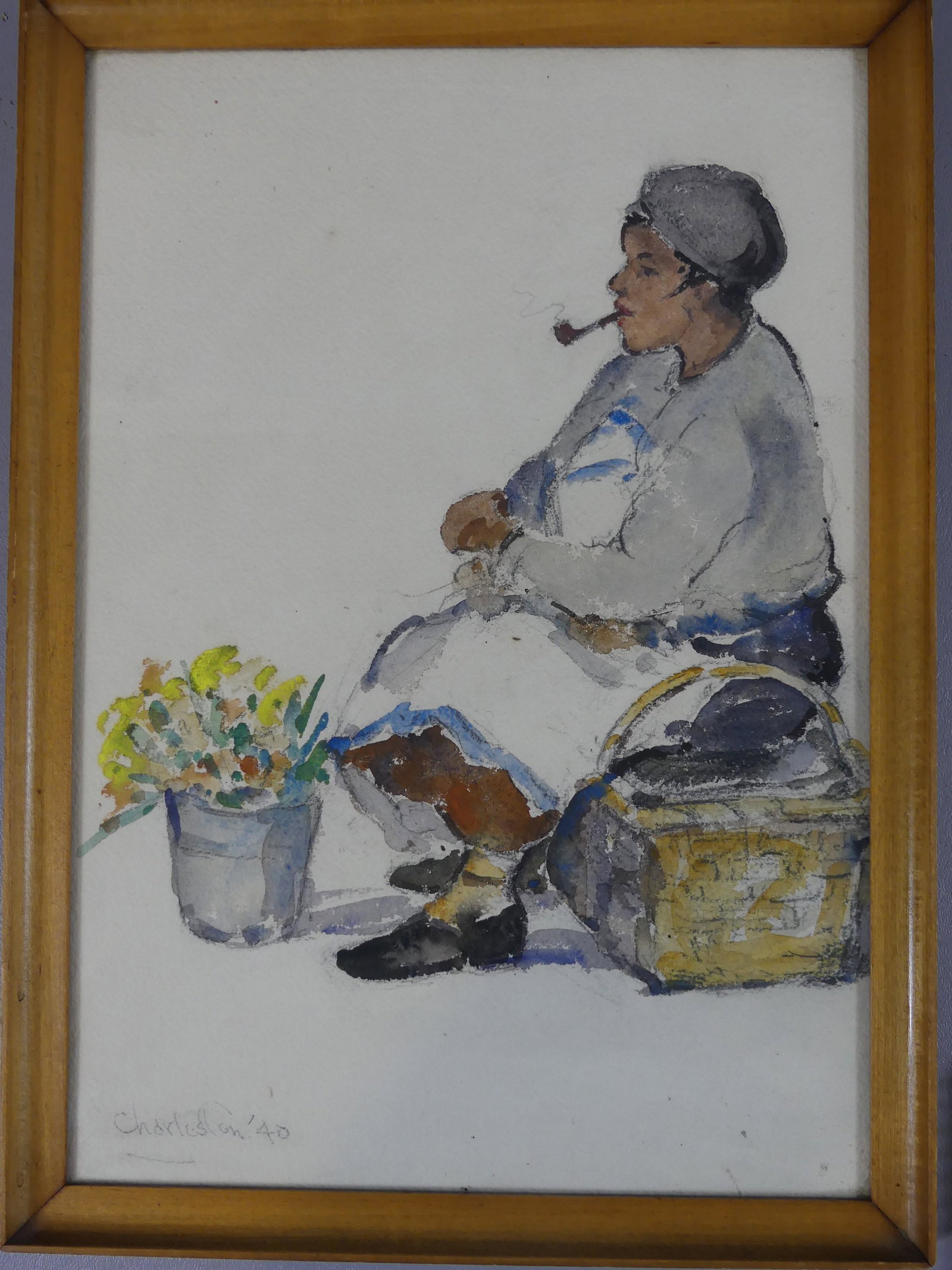 CHARLESTON S.C. PAINTING BY E. DEMAY SMITH: Watercolor painting of a woman selling flowers signed Charleston '40, titled verso SELLING FLOWERS IN FRONT OF THE POST OFFICE CHARLESTON S.C. Attributed to Edith DeMay Smith 1908-1984. Size: 14.5 x 1