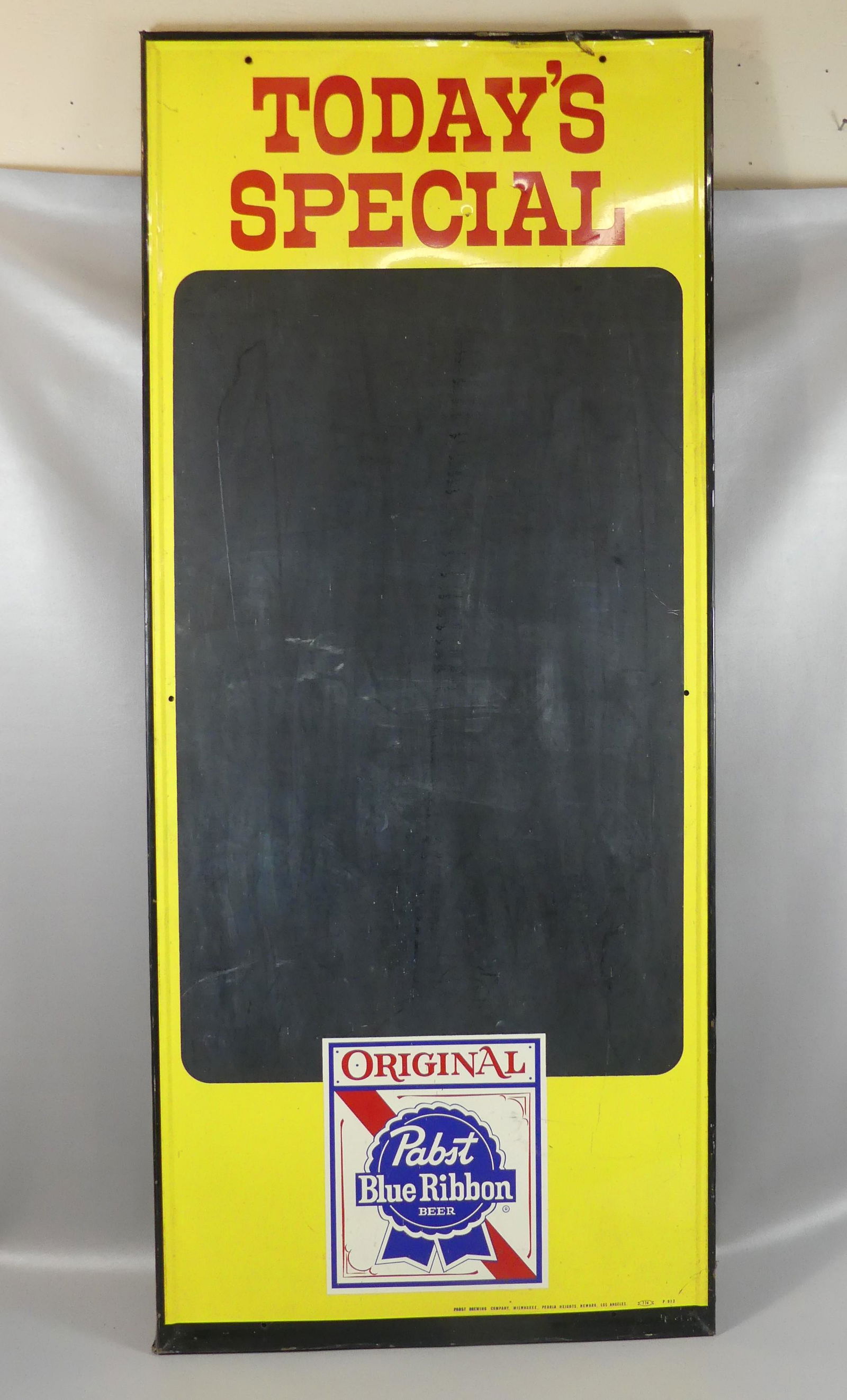 5 FT PABST BEER SIGN: Old Pabst Brewing Co. wood and metal pub sign with chalboard TODAYS SPECIAL having the Pabst Blue Ribbon Beer logo at bottom. 5 ft tall and 26 in wide. Sign #774 Pabst of Milwaukee, Newark, and LA. Ba