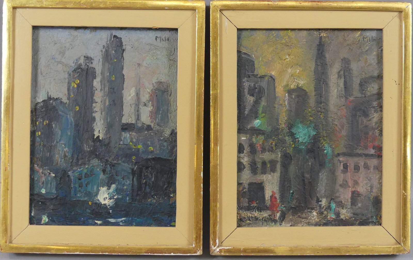 PAIR PAINTINGS OF BOGOTA SIGNED MILO: Pair of old oil cityscape paintings on board signed Milo. Back of one states it's Bogota Colombia, So. America. Each 8 x 6, framed 10 x 8 inches.