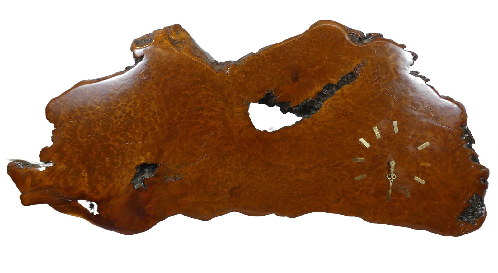 LARGE BURLWOOD PLAQUE W/CLOCK: Large burlwood wall plaque with electric clock (not working). 54 in long and 24 high by 1.75 in thick. Can be hung vertical or horizontal or converted to other uses such as a table top.