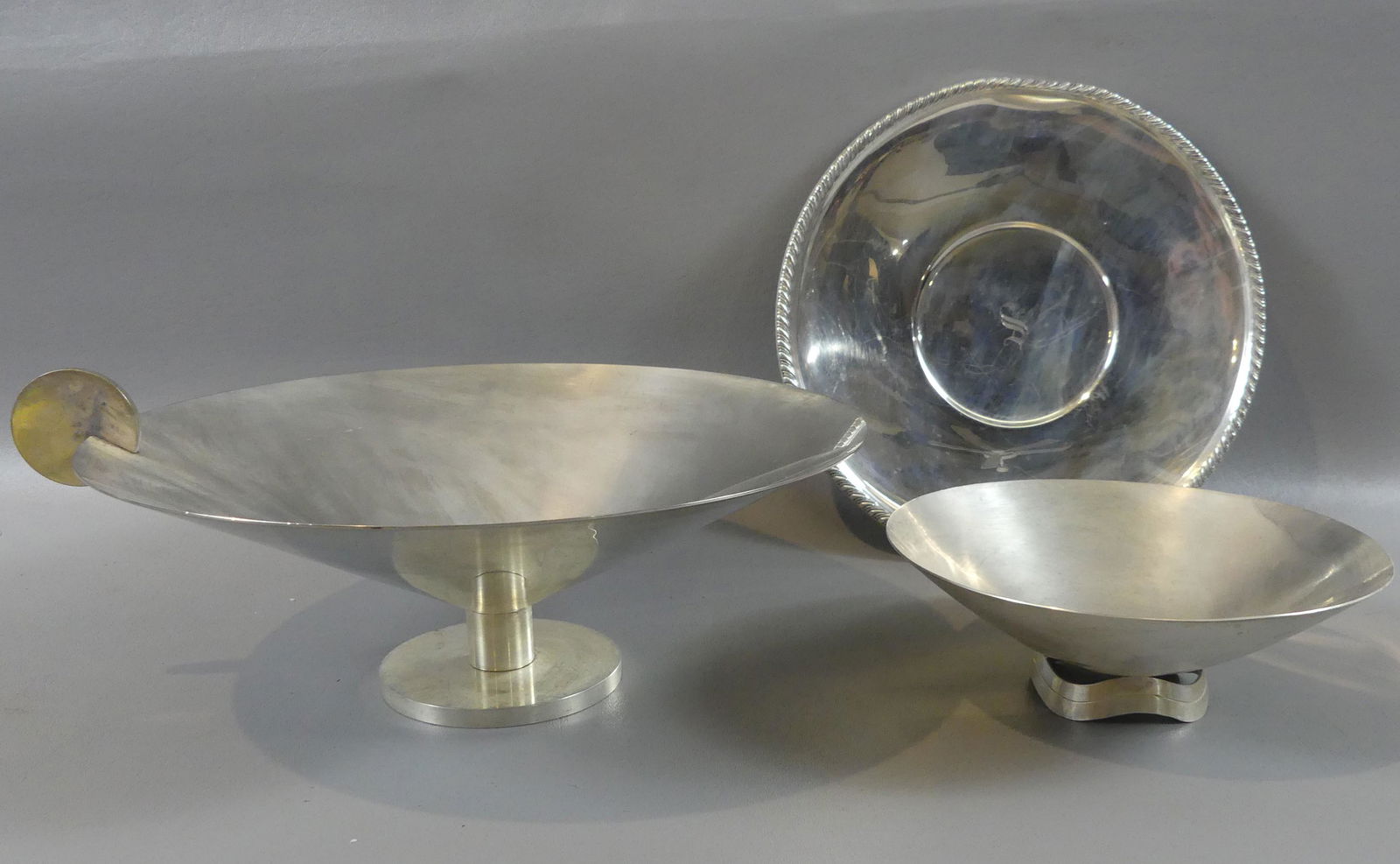 2 SILVER TABLE ITEMS & POZZI BOWL: Lot of 3 silver items, 2 sterling and the largest Art Deco style Italian silver plated bowl signed Padova Argenti, Designer A. Pozzi (Ambrogio), 12 in diam; Sterling silver bowl 7.5 in x 2.5; and ster