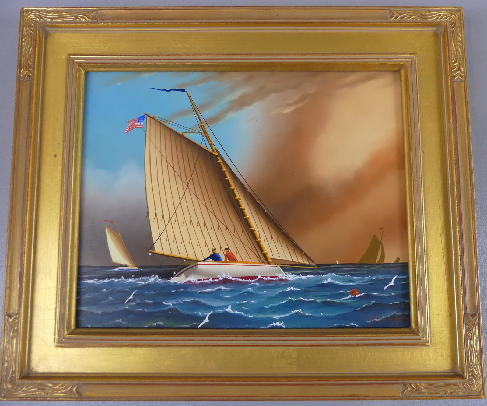 JEROME HOWES YACHT PAINTING: Colorful oil painting on masonite of sailboats signed Jerome Howes. 8 x 10 in, framed 11 x 13. (Howes was born 1955 and is active in MA, NY and VT. Noted for marine scenes).