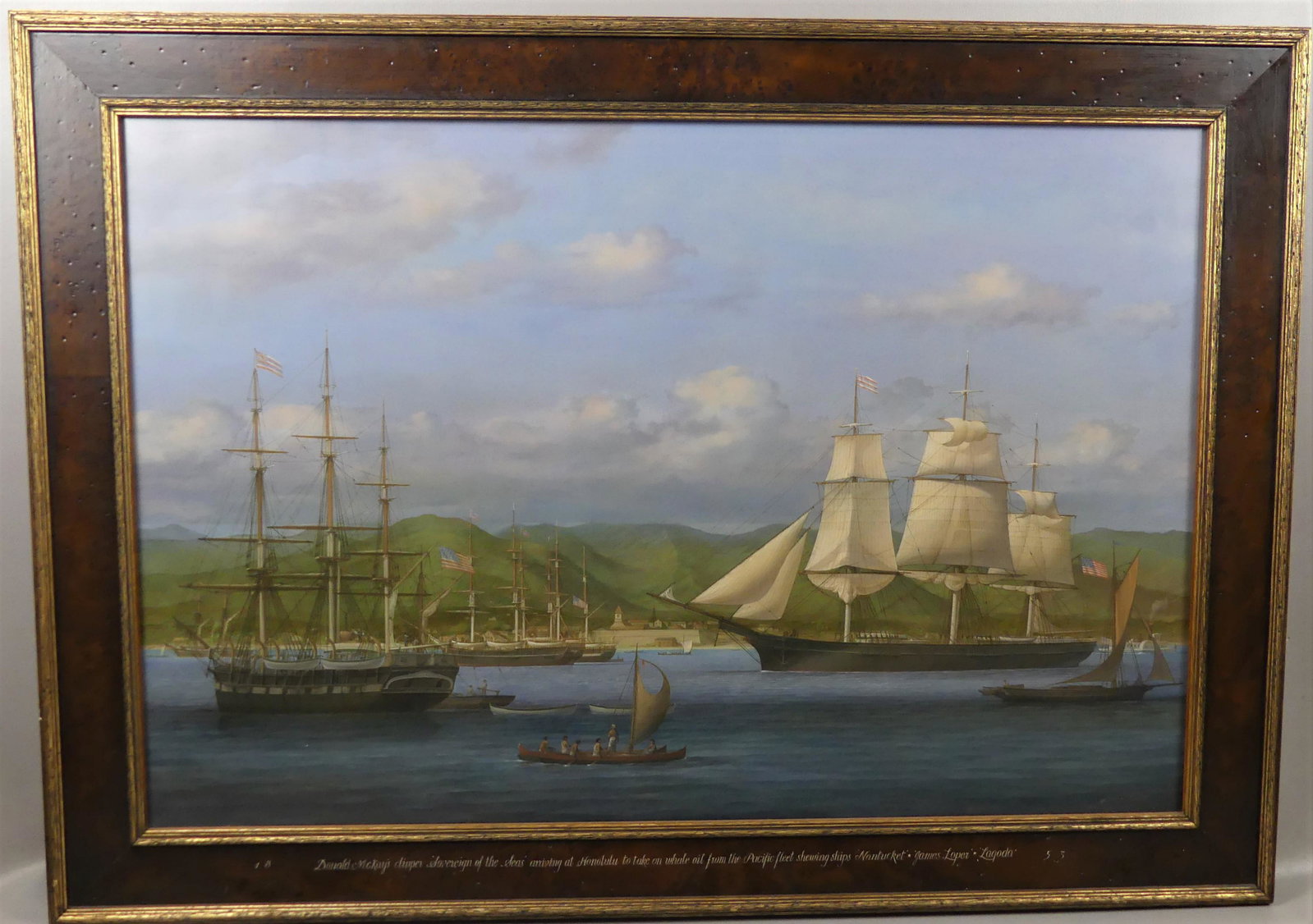 LOUIS DODD HAWAII HARBOR MARINE PAINTING: Vintage historical, highly detailed marine painting of ships in a Hawaiian harbor with natives in boats signed Louis Dodd, frame has title DONALD MCKAY'S CLIPPER 'SOVEREIGN OF THE SEAS' ARRIVING AT HO