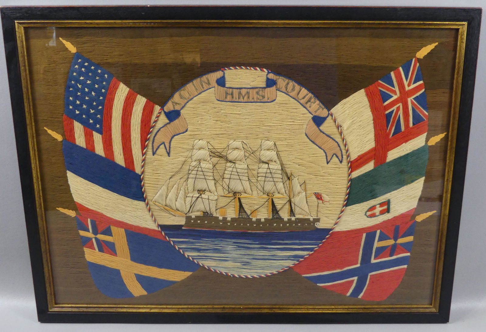 ANTIQUE BRITISH SHIP WOOLWORK W/FLAGS (1 of 2)