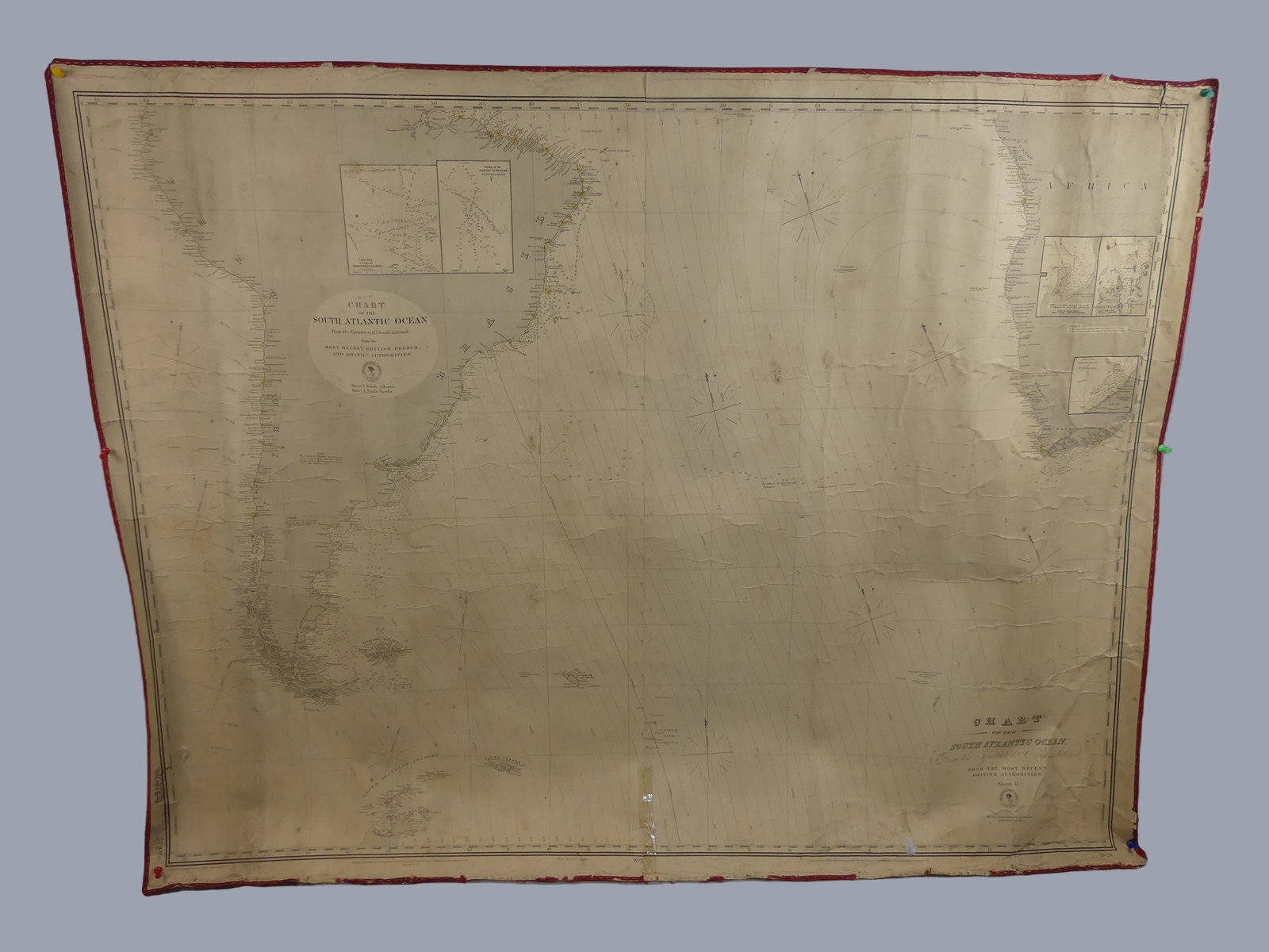 1868 NAUTICAL CHART - SO. ATLANTIC OCEAN: Fabric-backed antique nautical chart of the So. Atlantic Ocean 1868, published 1869 in Washington DC by Commander Ed Simpson of the US Navy from the most recent British authorities. 38 x 50 inches. Go