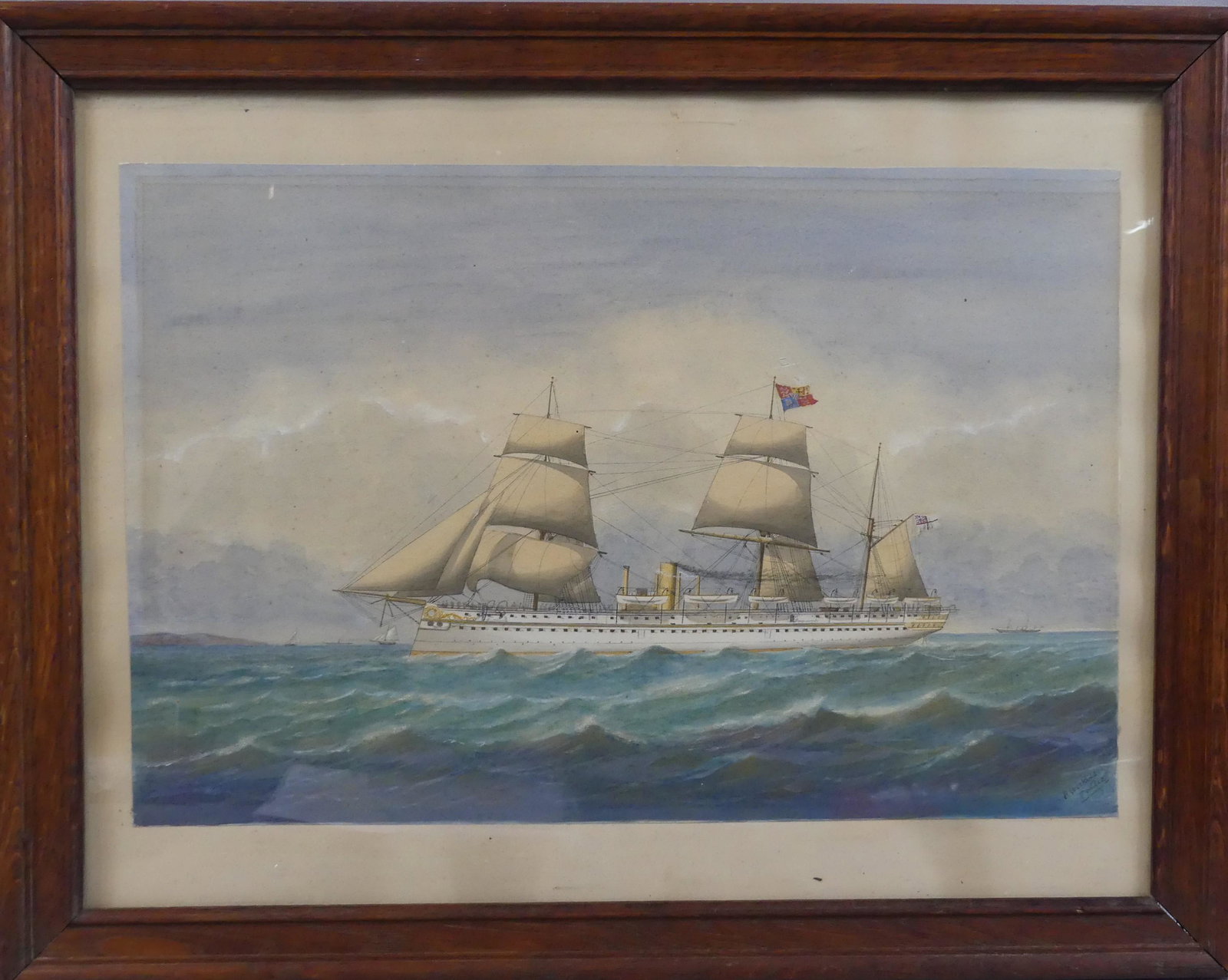 R. WILKINS BRITISH SHIP PAINTING: Circa 1900 watercolor painting profile of a British sail/steam ship signed R. Wilkins, ---? 12 x 18.5, framed 18 x 22.5 in.