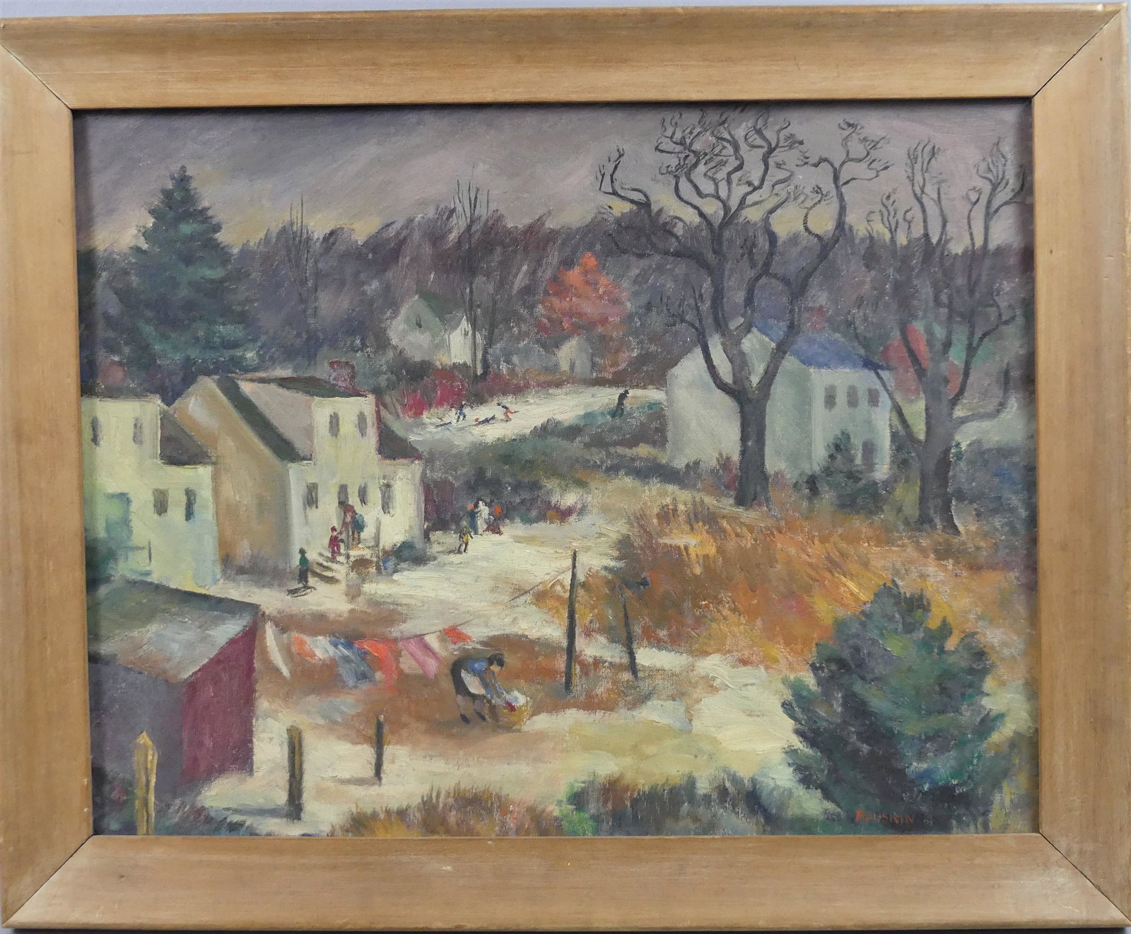 P. RUSKIN PAINTING - WINTER VILLAGE SCENE: Folk art painting of a winter village scene with children sledding, woman hanging clothes on line, etc. Signed P. Ruskin (front) and dated Dec. 28, 1944 verso. 17 x 22 inches, framed 20 x 25.