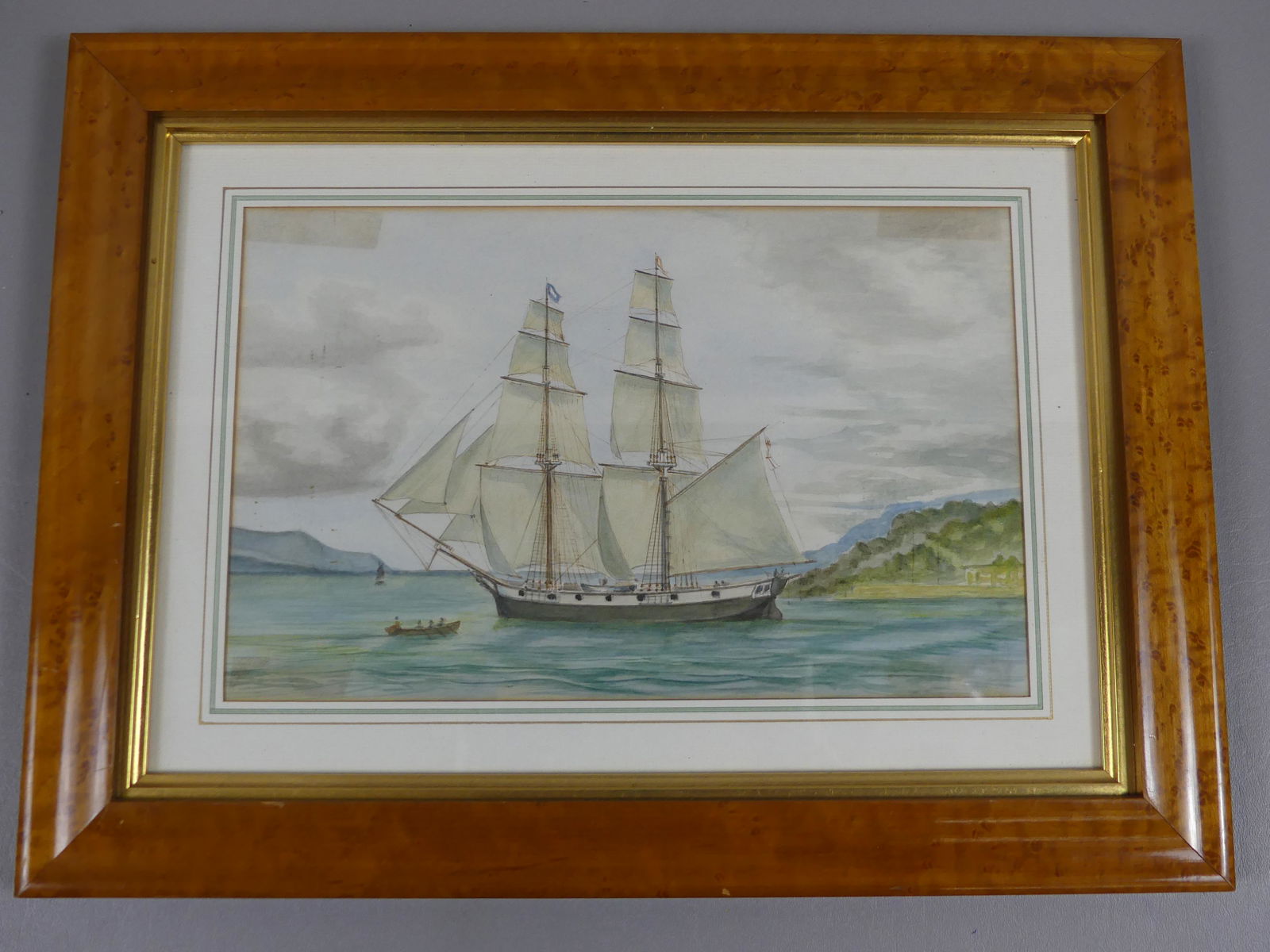 ANTIQUE WATERCOLOR OF SHIP & MEN IN BOAT (1 of 2)