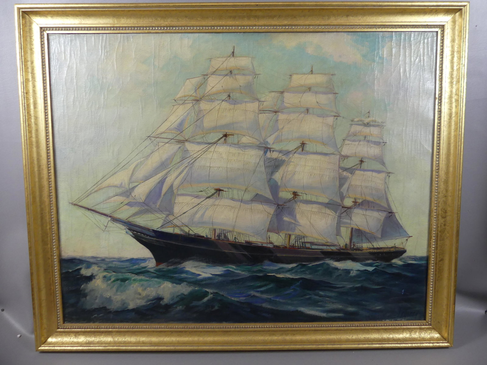 CLIPPER SHIP PAINTING SIGNED L. CHANEY: Old oil portrait of a 3 masted clipper ship signed L. Chaney. 28 x 36 in, framed 32 x 40. (Lester J. Chaney 1907-1998 was a Maine & Illinois painter known for marine art).