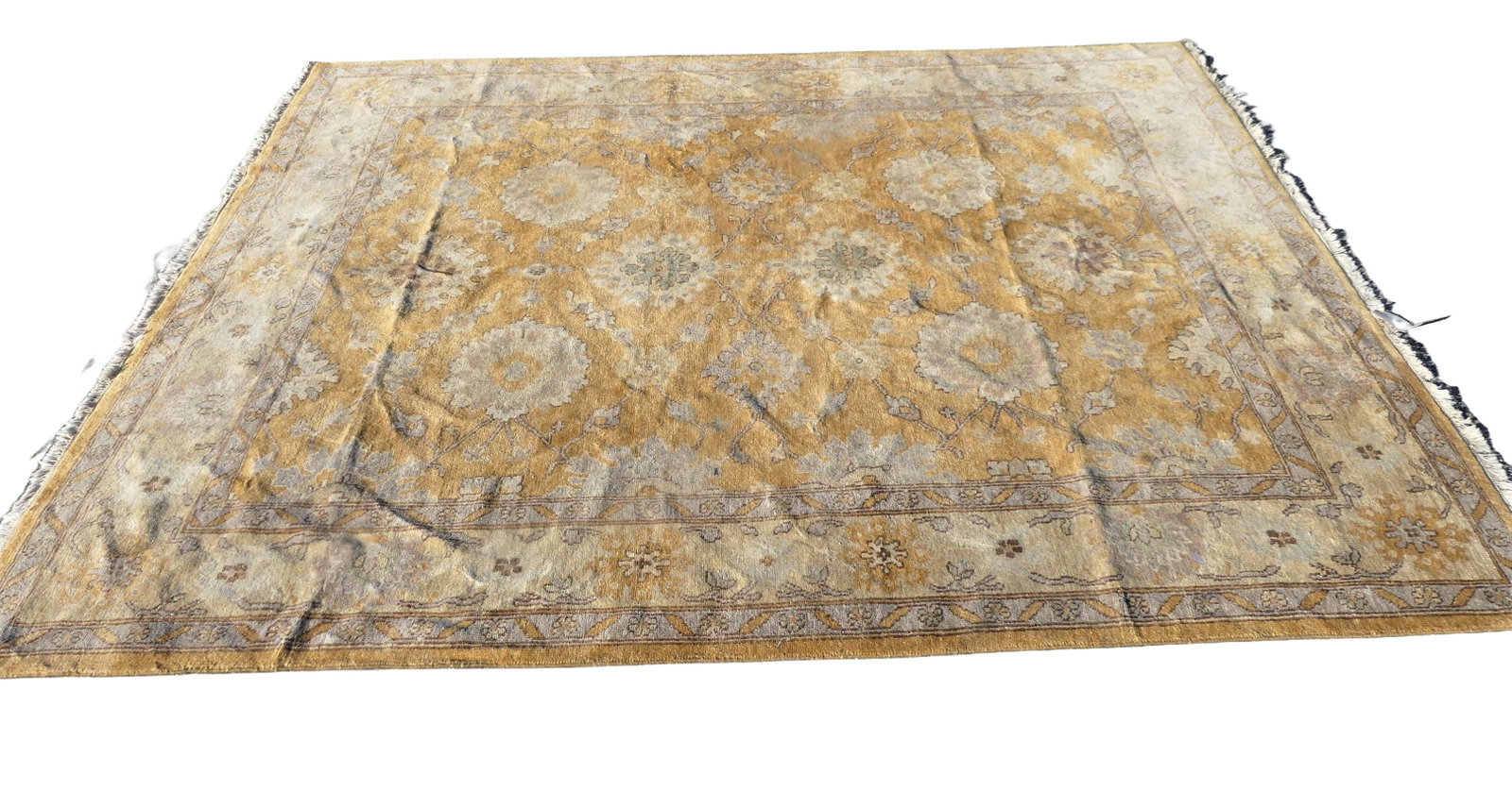 ANTIQUE OUSHAK CARPET: Antique Oushak yellow room size rug with floral field, 10 ft 4 x 8 ft 1 inch. Good condition.