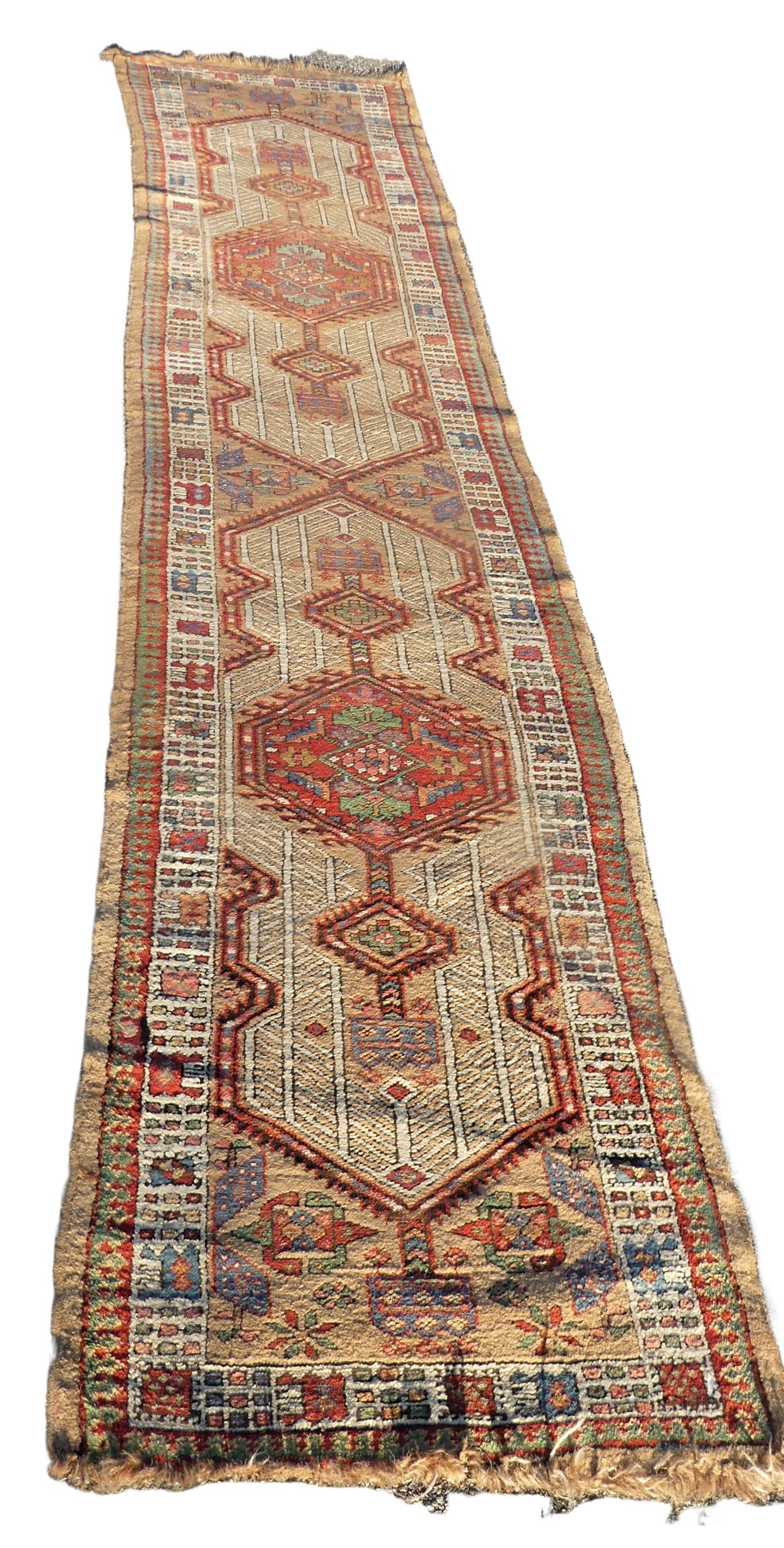 ANTIQUE CAMEL HAIR SERAB RUNNER 14 FEET LONG: Antique camel hair Serab runner carpet, 14 ft 4 in x 2 ft 11 in. Good condition - disregard black lines on main photo, appears to be a shadow anomaly.