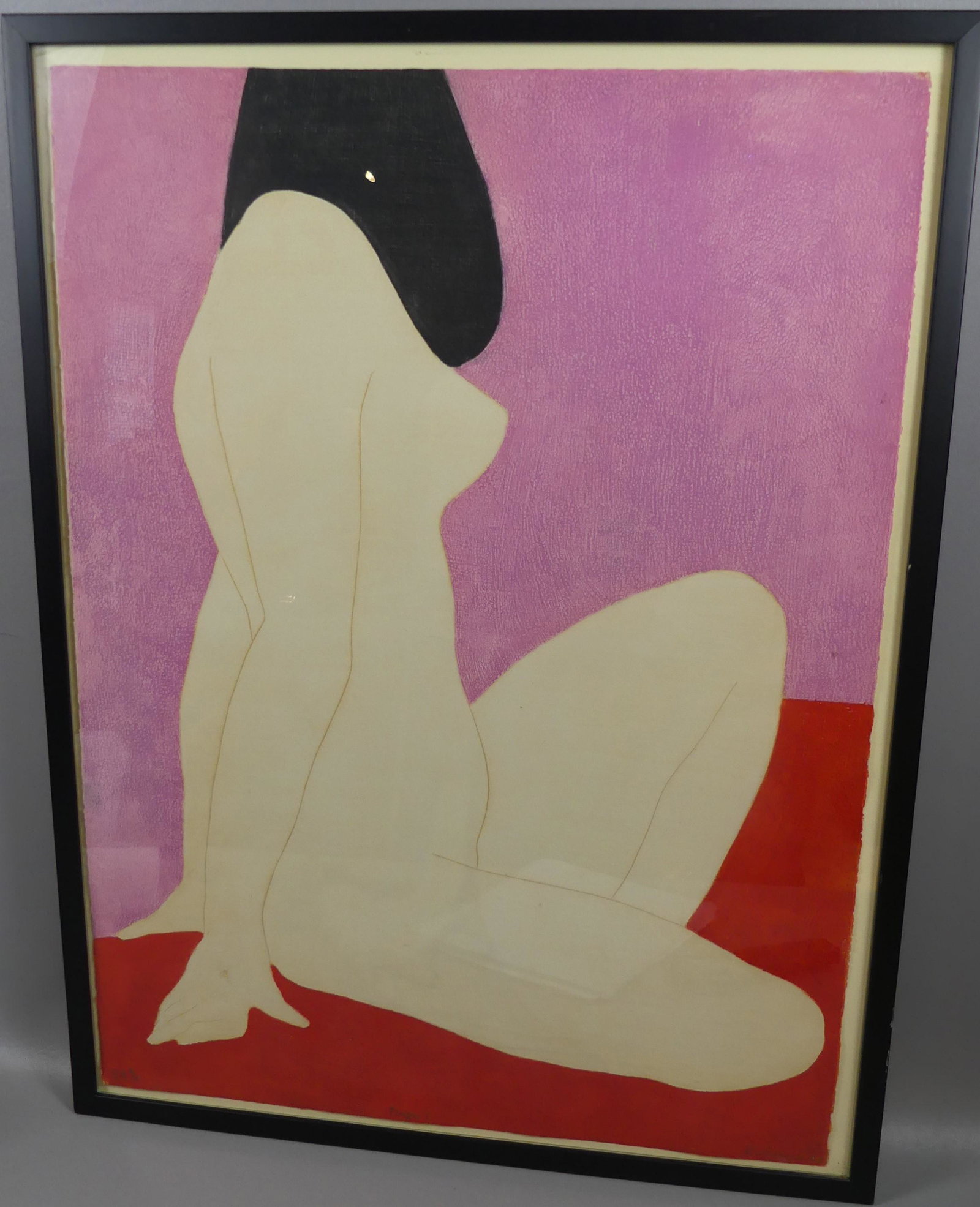BARBARA KWANIESKA - FEMME ASSISE PRINT: Color intaglio artist proof etching of a seated nude woman titled FEMME ASSISE #1/10 signed Barbara Kwanieska with label verso. 30 x 22, framed 32 x 24.5 in. (Barbara Kwasniewska was b. 1931, abstract